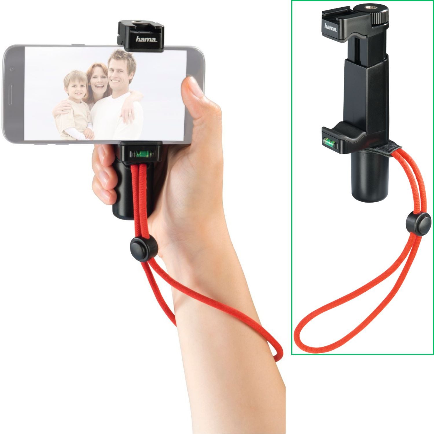 Hama Smartphone-Halterung Profi Handy Video-Halterung mit Griff, (Set, 1x Smartphone-Halterung mit Griff und Handschlaufe, Video-Halter Hand Stativ Mono-Pod Vlogging Foto für Smartphone iPhone)