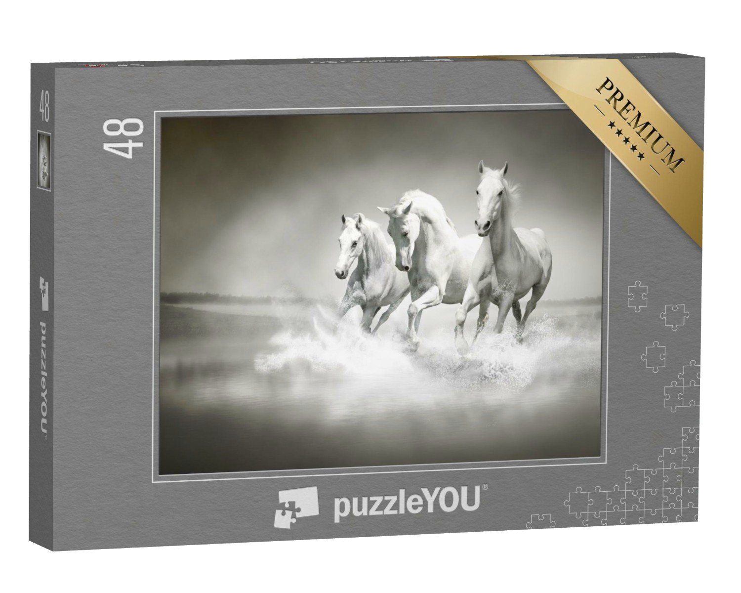 puzzleYOU Puzzle Herde weißer Pferde, die durch Wasser laufen, 48 Puzzleteile, puzzleYOU-Kollektionen Pferde, Araber Pferde