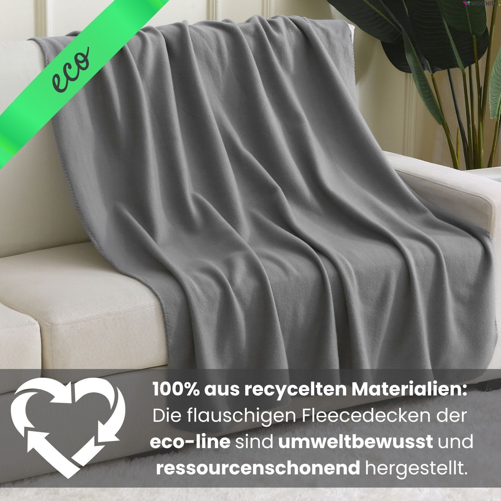 Kettel-Einfassung aus wometo, 100% Fleecedecke eco-line Materialien, & mit Wohndecke recycelten ca. Anti-Pilling grau 130x160,