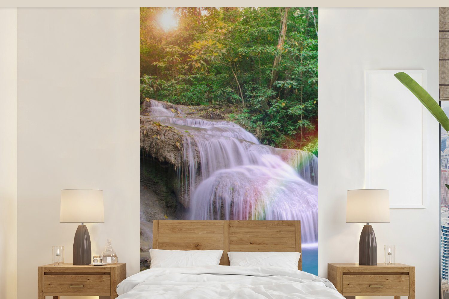 MuchoWow Fototapete Regenbogen - Sonne - Wasserfall - Natur, Matt, bedruckt, (2 St), Vliestapete für Wohnzimmer Schlafzimmer Küche, Fototapete