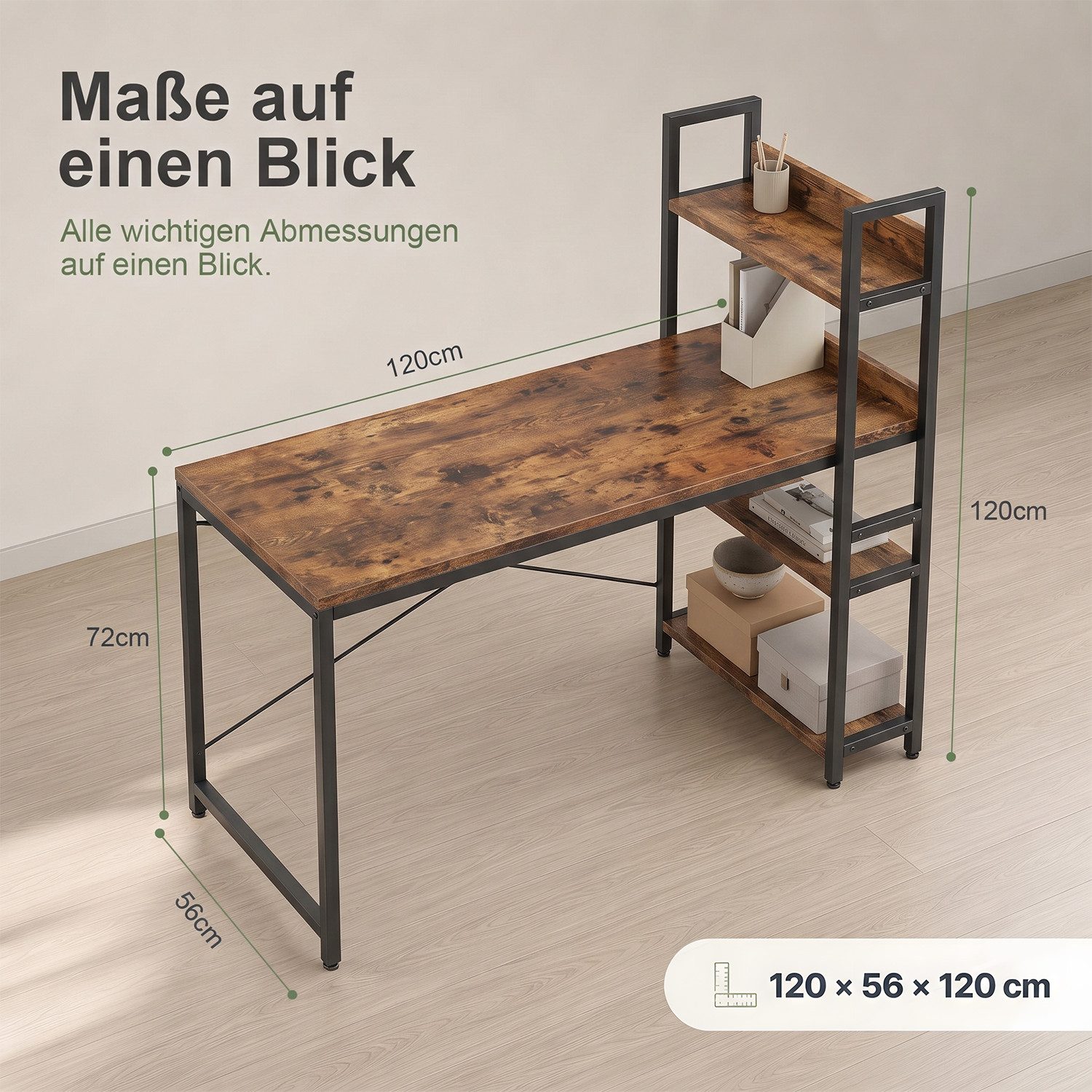 Refined Living Computertisch Schreibtisch Gaming tisch Computertisch Bürotisch 50x80/100cm 120/140 (Schreibtisch mit Seitlichem Regal & Verstellbaren Füßen, Officetisch, PC-Schreibtisch mit Stauraum & Bücherregal, Eckschreibtisch mit Regal), PC Laptop Tisch für Büro Arbeitszimmer Wohnzimmer Homeoffice braun
