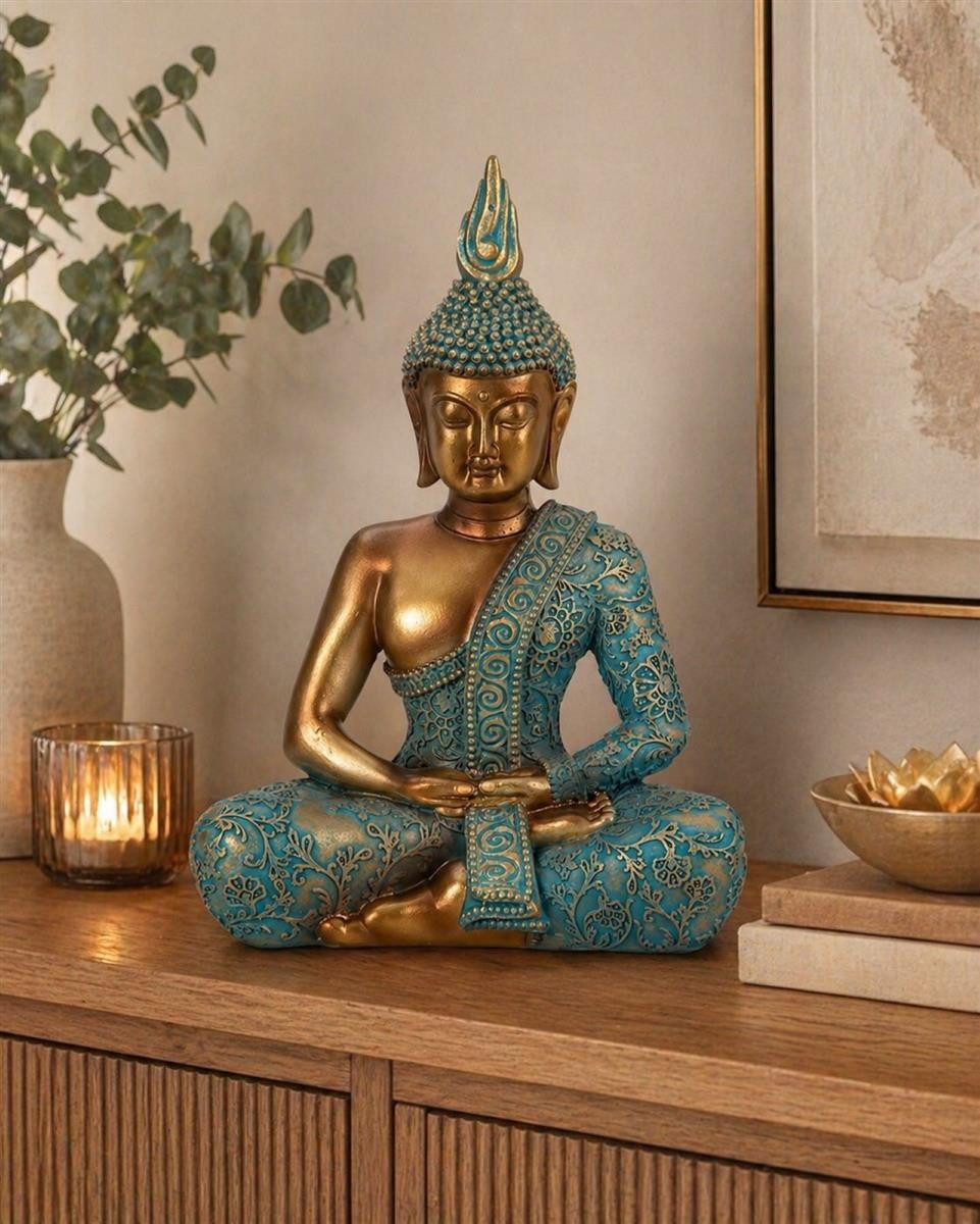 Geschenkestadl Buddhafigur Buddha Figur 25cm gold türkis – Deko Meditation Ruhe Ausgleich sitzend (sitzend), Yoga, Meditation – Bild 3 von 4