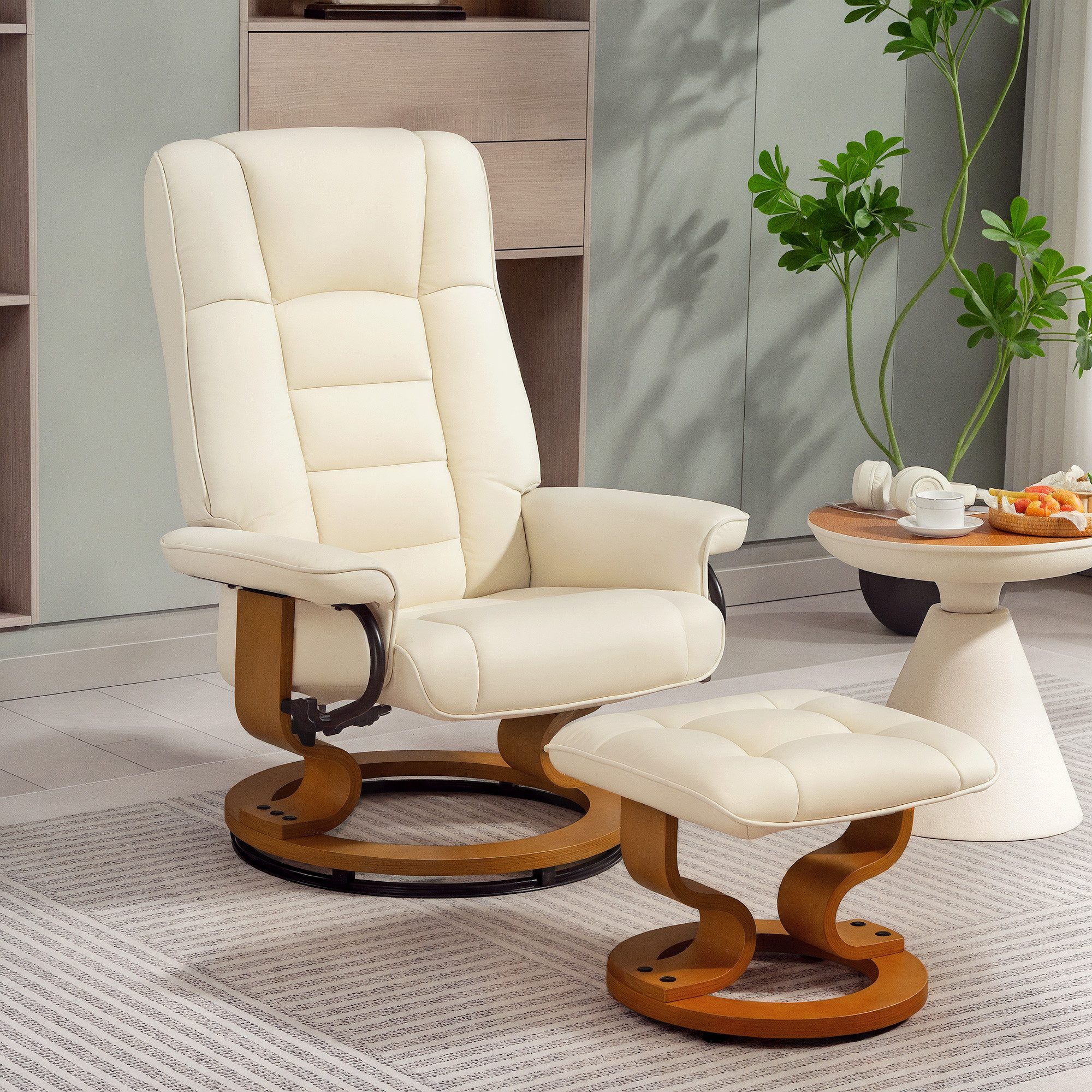 HOMCOM Relaxsessel Fernsehsessel mit Holzgestell, Kunstleder, für Wohnzimmer (Set, 2-St., bestehend aus Sessel und Hocker), Rückenlehne verstellbar bis 130°, 360° drehbar, mit Hocker