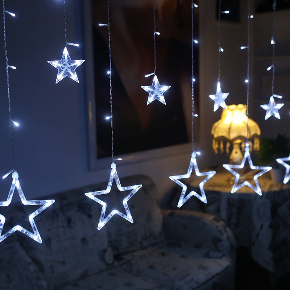 Rosnek LED-Lichtervorhang 2M, 12 Sterne, wasserdicht, 8 Modi, für Weihnachten Fenster Deko, Memory-Funktion Weiß