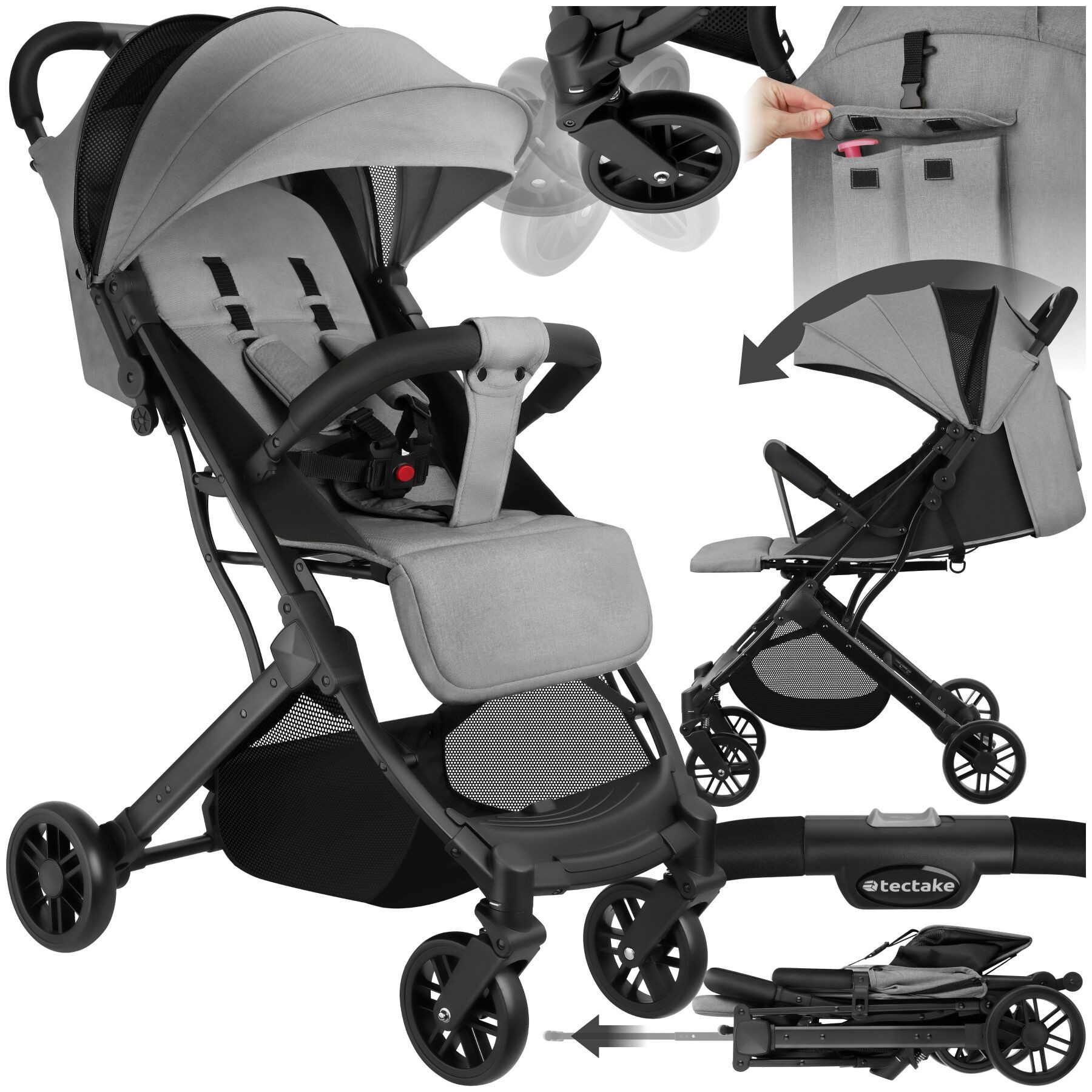 tectake Kombi-Kinderwagen Kinderwagen, 0–36 Monate, 15 kg belastbar, Einhand-Klappmechanismus, (Babywagen Finn), 5-Punkt-Gurt, Feststellbremse, Rücken- & Beinablage verstellbar