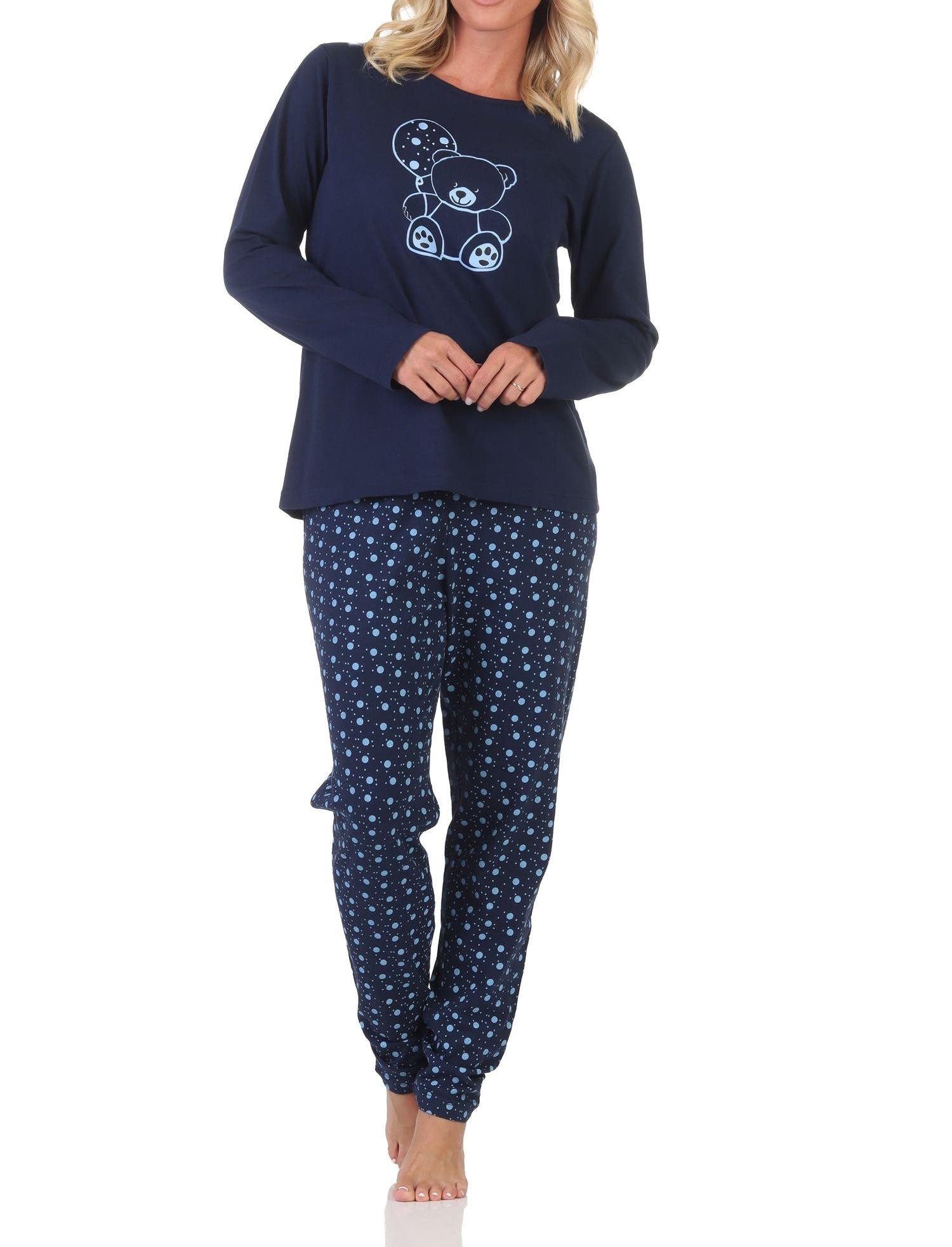 Normann Pyjama Normann Damen Pyjama Schlafanzug langarm mit süßem Teddy-Motiv
