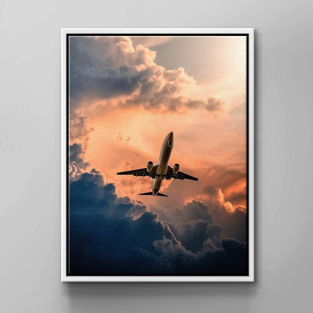 bei Wandbild Leinwandbild, weißer Flugzeug roten Sunnenuntergang DOTCOMCANVAS® Rahmen