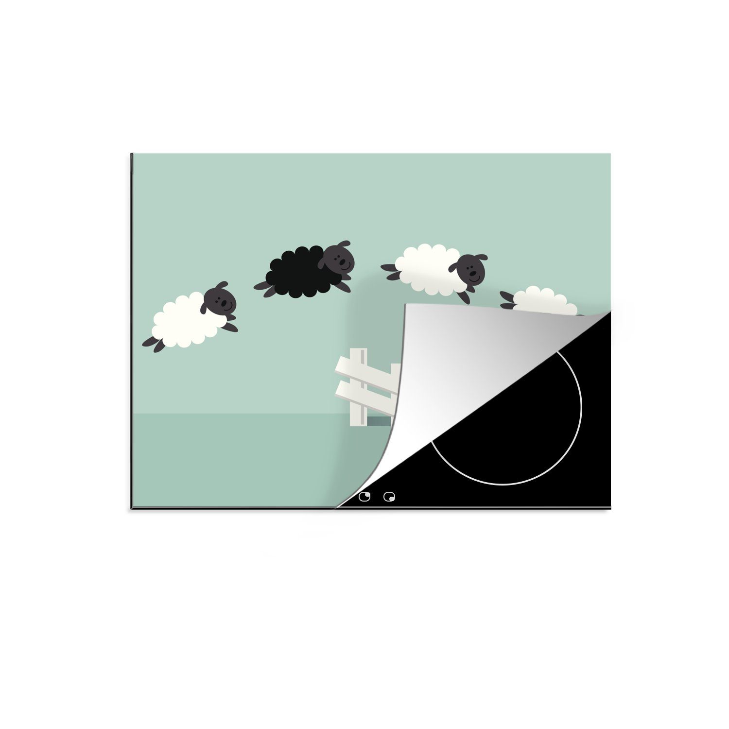 MuchoWow Herdblende-/Abdeckplatte Eine Illustration von springenden Schafen, Vinyl, (1 tlg), 70x52 cm, Mobile Arbeitsfläche nutzbar, Ceranfeldabdeckung