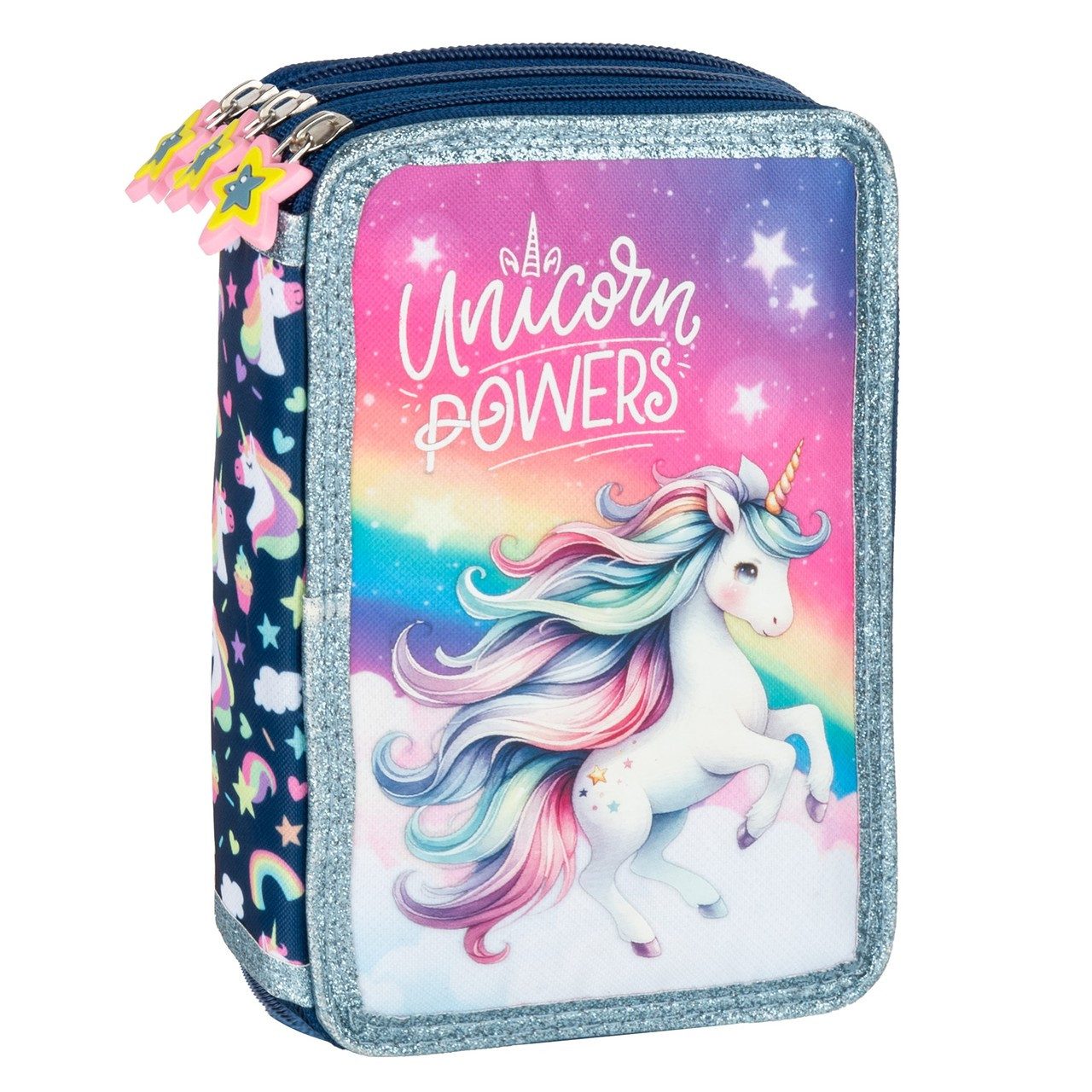 DERFORM Federtasche Einhorn 3 Fach Federtasche gefüllt Federmäppchen Federmappe Unicorn, (43-tlg)