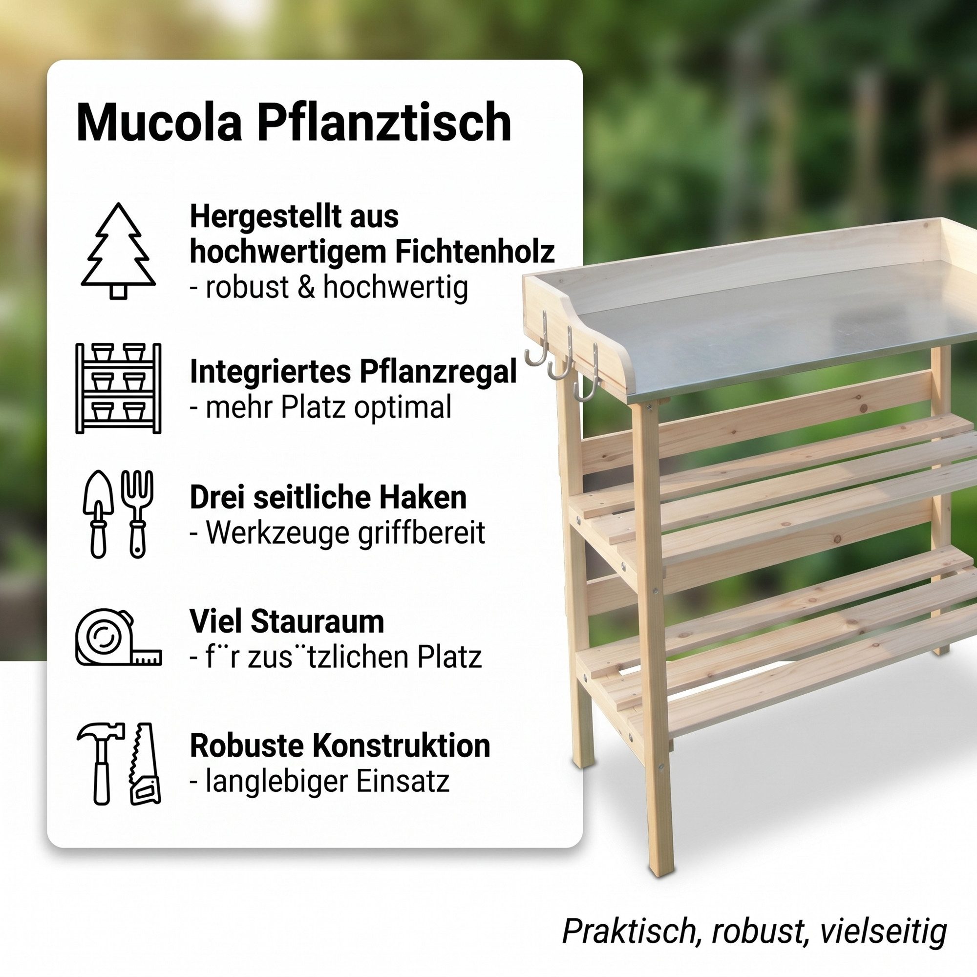 Mucola Pflanztisch Pflanztisch Gartentisch Gärtnertisch Gartenarbeitstisch Beistelltisch (Stück, 1-St., Gärtnertisch), Holzstärke: 25 mm, 15 mm und 11 mm