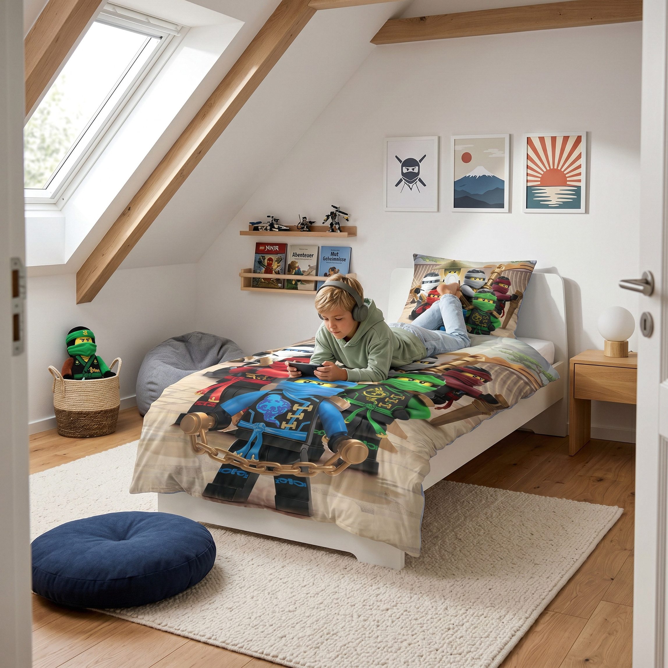 MTOnlinehandel Bettwäsche Lego Ninjago 135x200 + 80x80 cm, 100 % Baumwolle, Renforcé, 2 teilig, Wende-Motiv mit Lloyd, Kai & dem NINJAGO Team – Bild 4 von 5