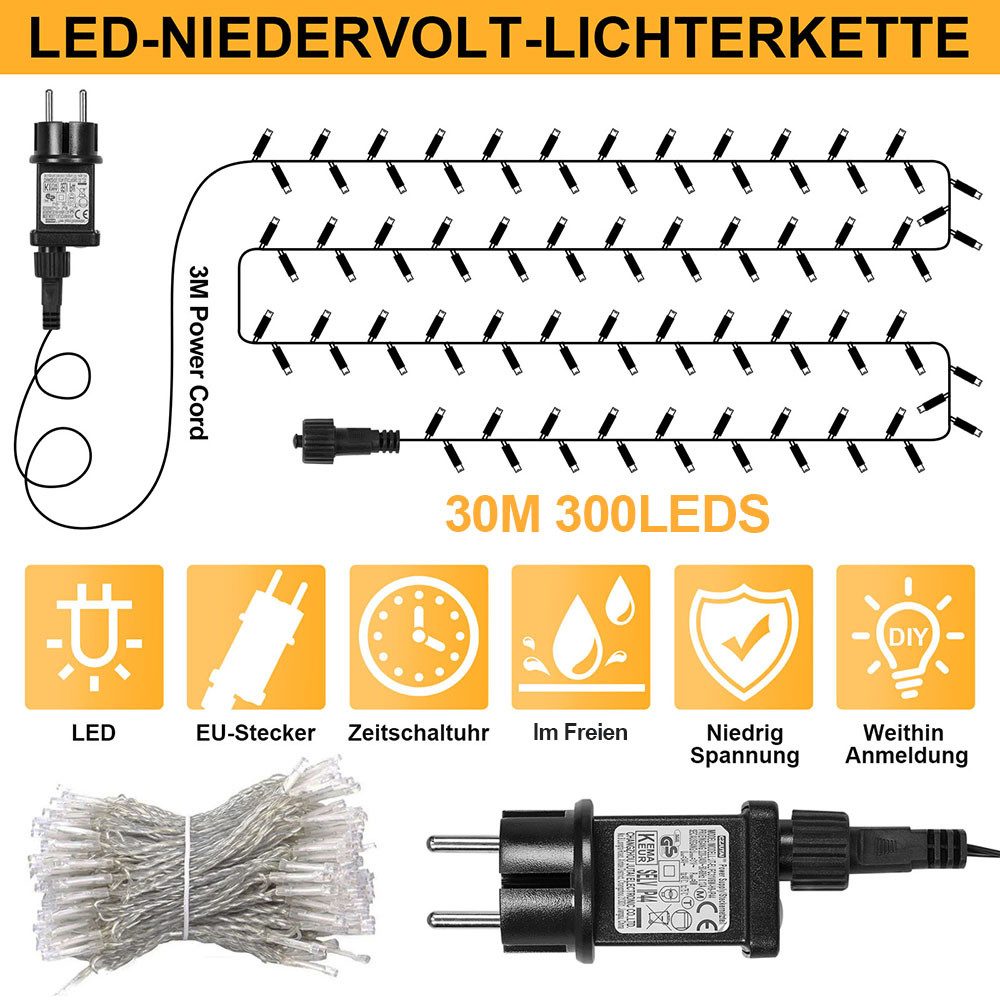 Rosnek Lichterkette 20M/30M/50M/100M 31V DC LED-Lichterkette, Timer, Speicherfunktion, 8 Modi für Zuhause Garten Hof Hochzeit Weihnachtsfeier Feiertag – Bild 2 von 5
