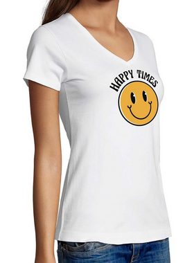 MyDesign24 T-Shirt Damen Smiley Print Shirt - Lächelnder Smiley Happy Times V-Ausschnitt Baumwollshirt mit Aufdruck Slim Fit, i293