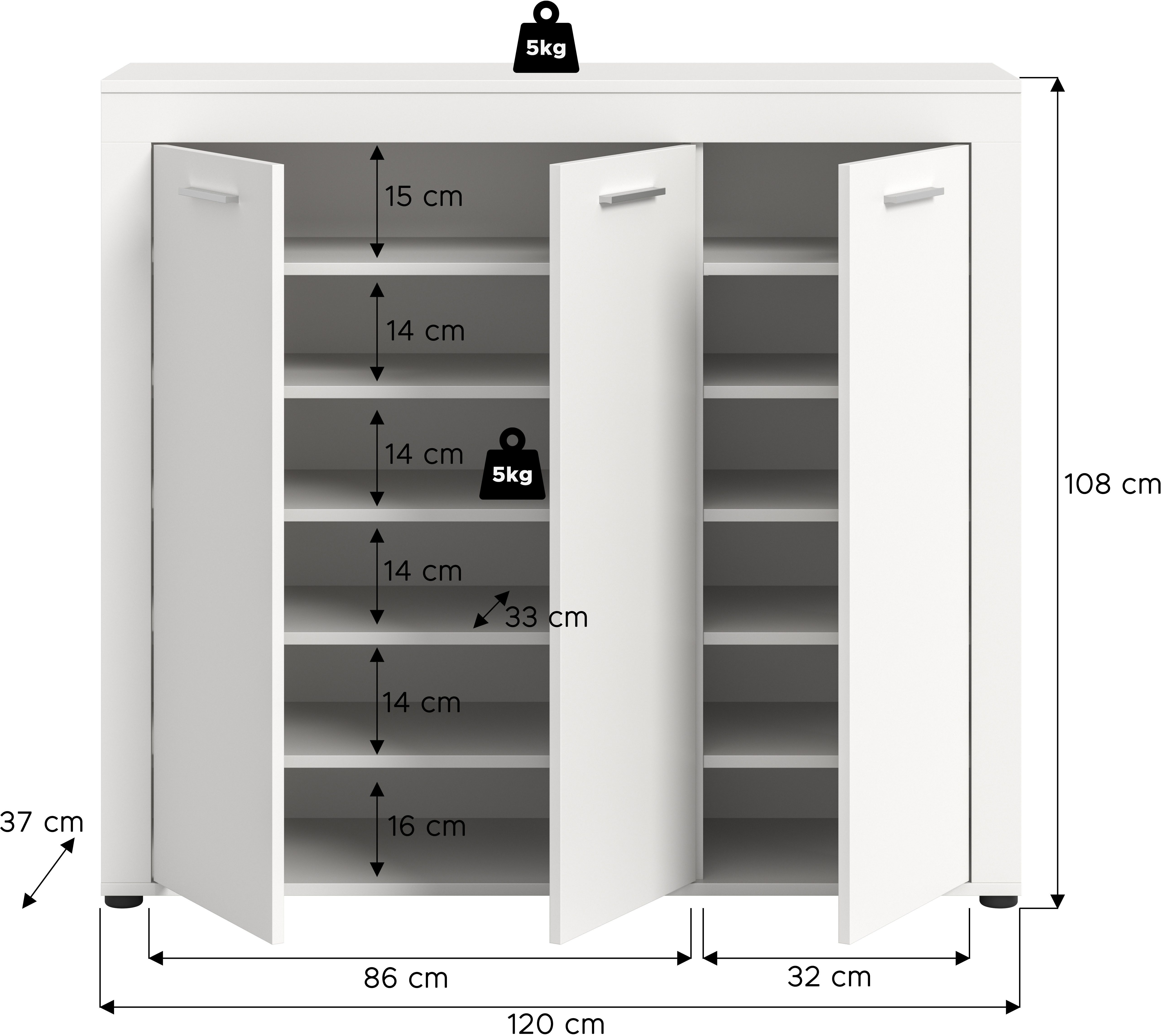 OTTO home Schuhschrank AOSTA, Höhe 108cm, 3 Türen, 10 Einlegeböden, 12 Fächer (in verschiedenen Farbausführungen erhältlich, individuell kombinierbar) Kommode,  – Bild 5 von 5