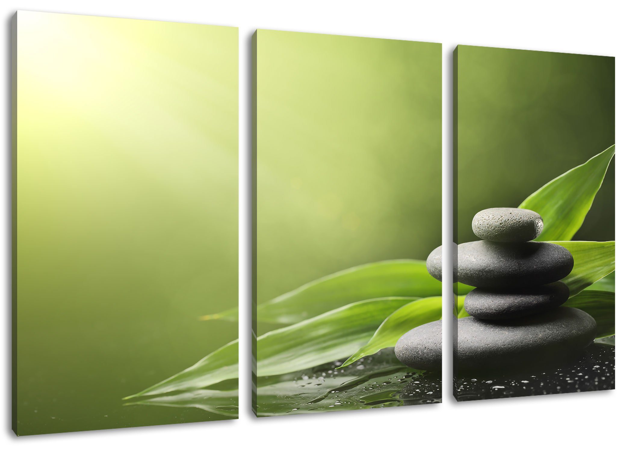 Pixxprint Leinwandbild Leinwandbild mit inkl. Steine Zen bespannt, mit Blättern (120x80cm) fertig 3Teiler (1 Blättern, St), Zen Steine Zackenaufhänger