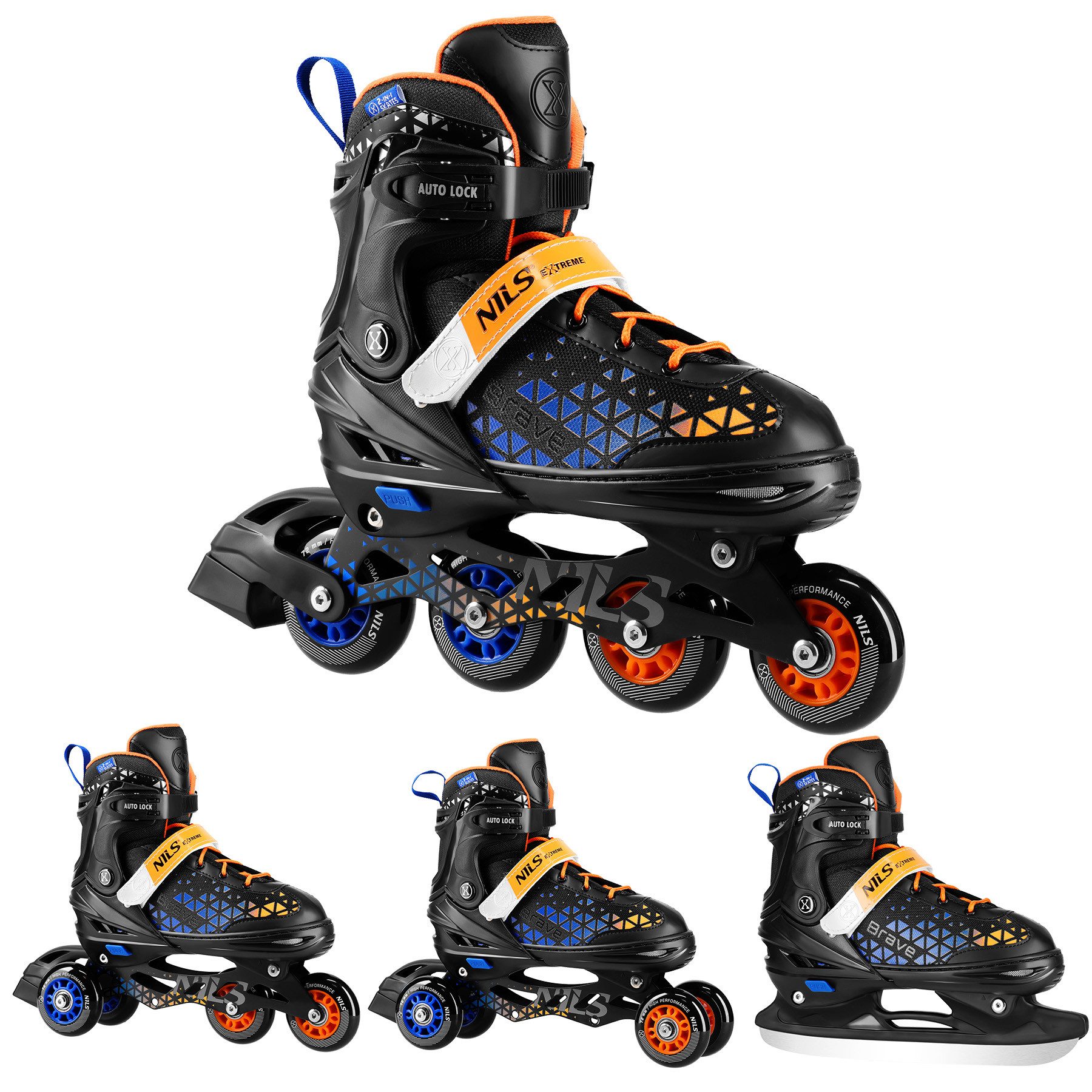 NILS EXTREME Inlineskates 2-IN-1 Inliner Schlittschuhe Rollschuhe wechselbare Kufen, Verstellbare Größe & verstellbare Rollen