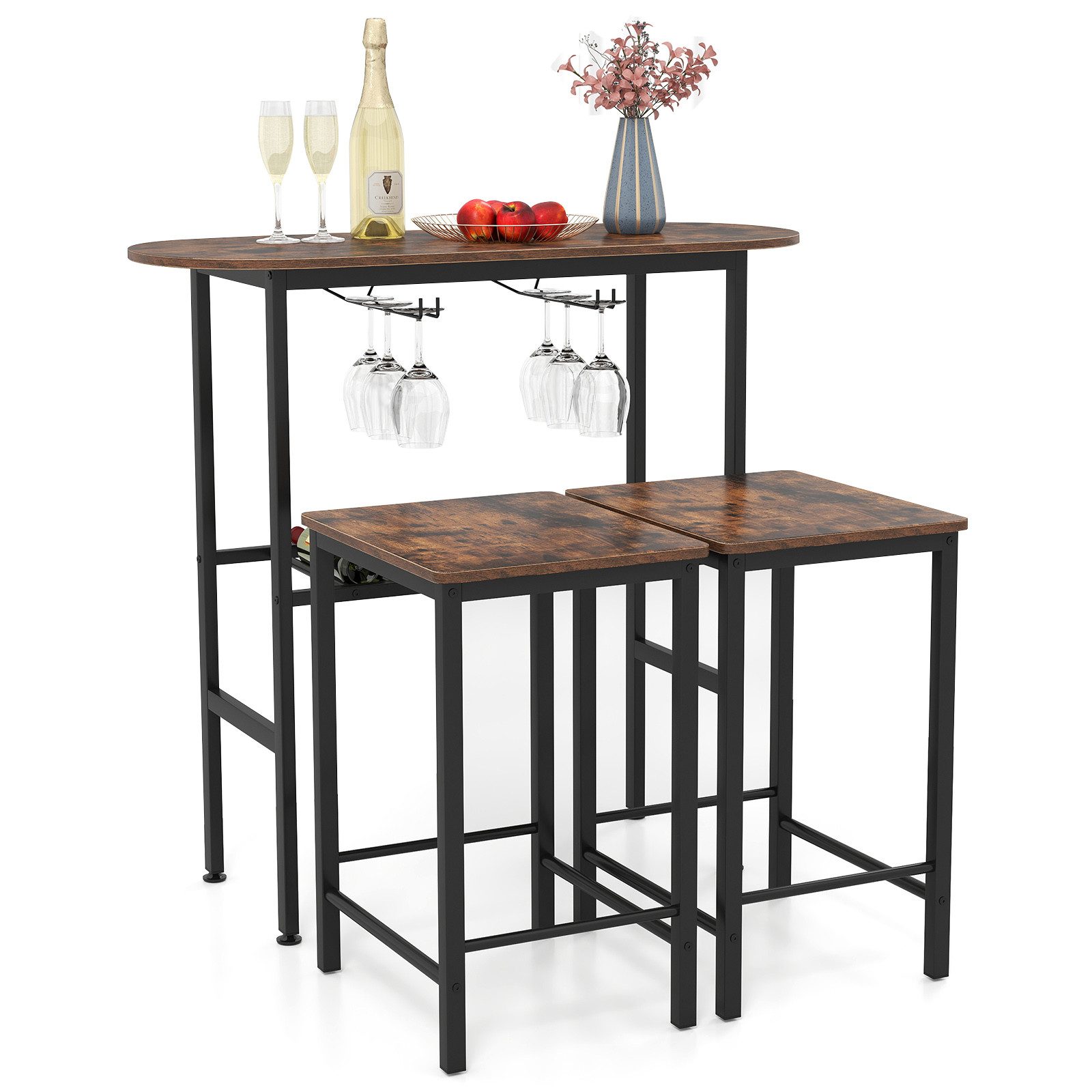 COSTWAY Bartisch (3-St), Bartisch Holz mit Hocker 2er Set, Küche