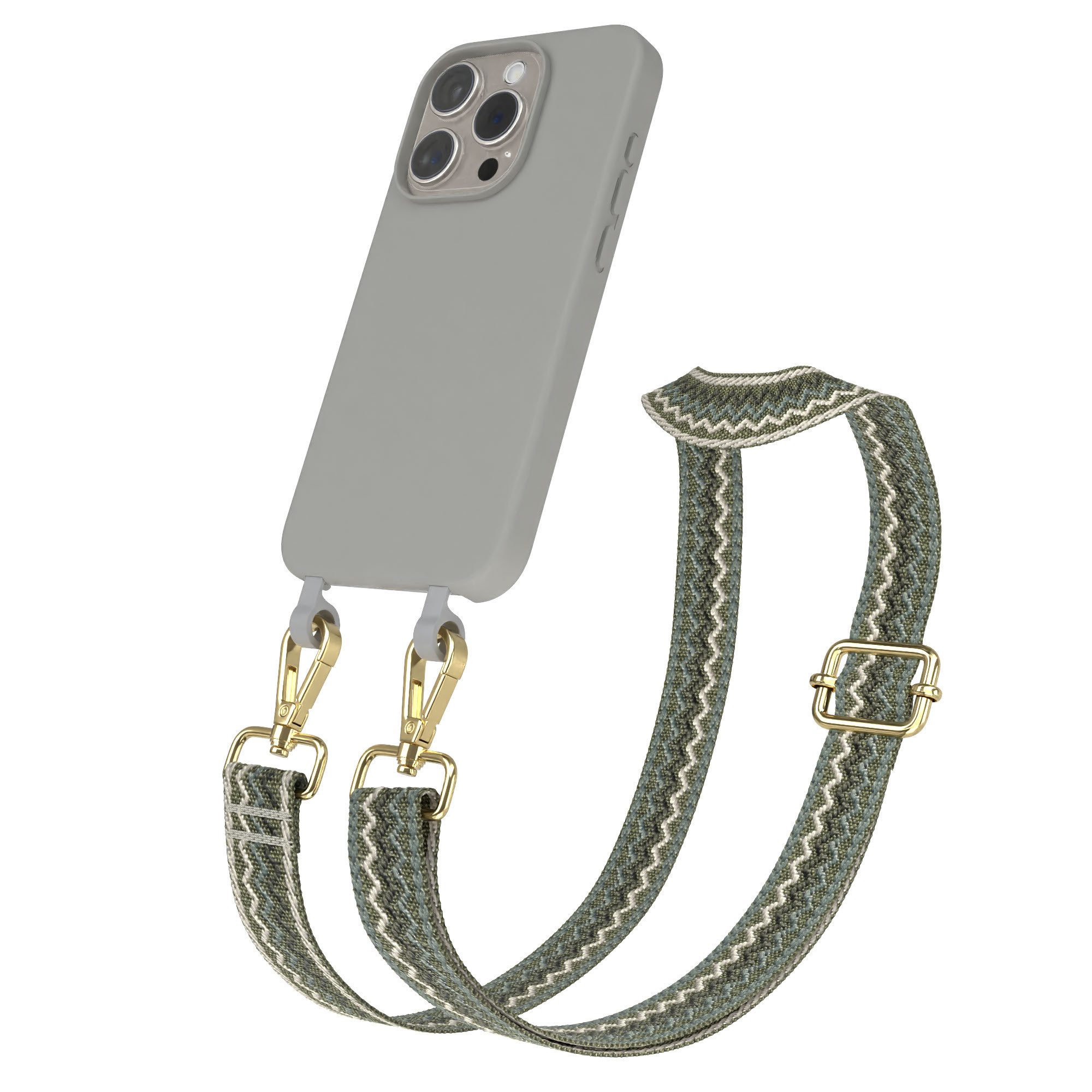 EAZY CASE Handykette 2in1 TPU Hülle mit Band für Apple iPhone 15 Pro 6,1 Zoll, Handykordel Smartphonekette Wave abnehmbar 2in1 Handyhülle Case Grün