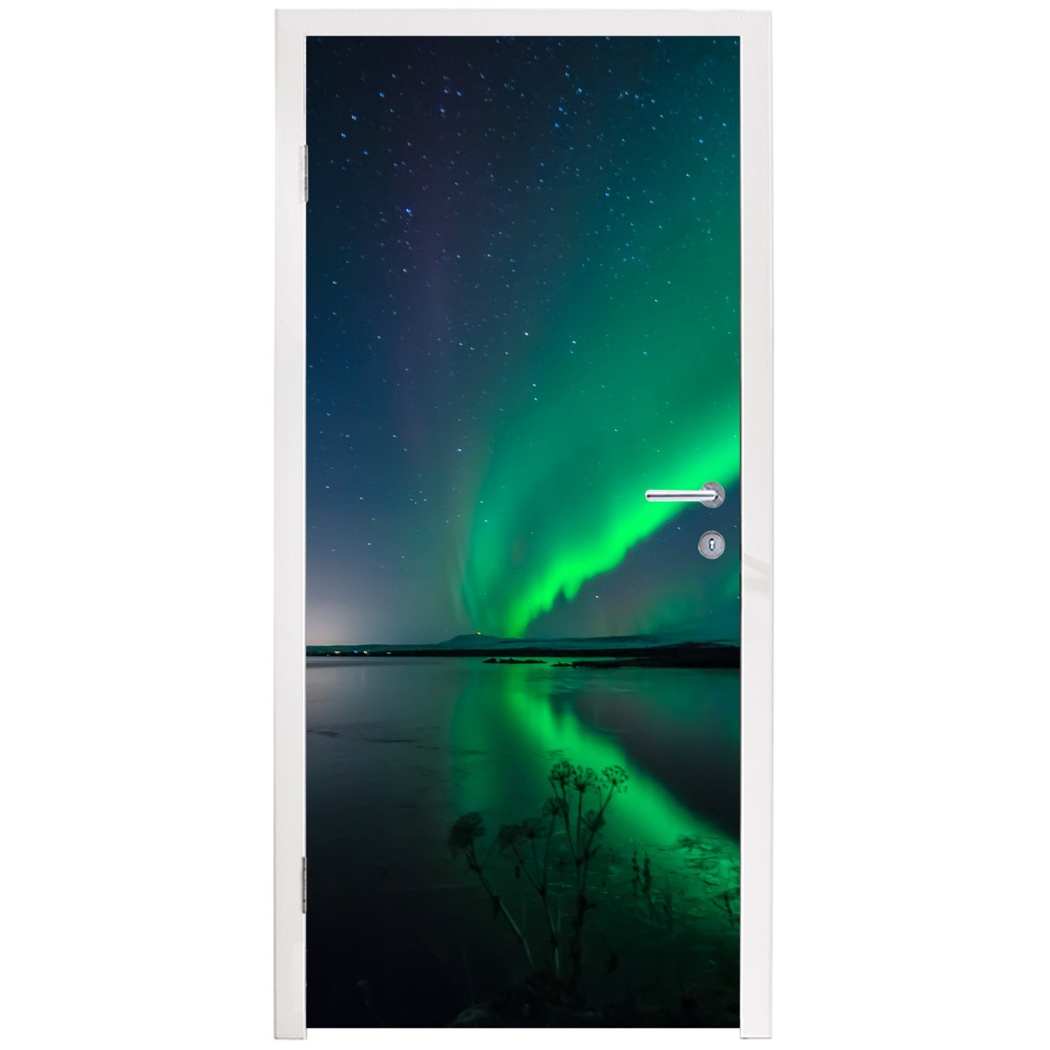 MuchoWow Türtapete Nordlicht - Island Grün bedruckt, Tür, Matt, Wasser, cm 75x205 Türaufkleber, Sternenhimmel - - für - St), (1 Fototapete