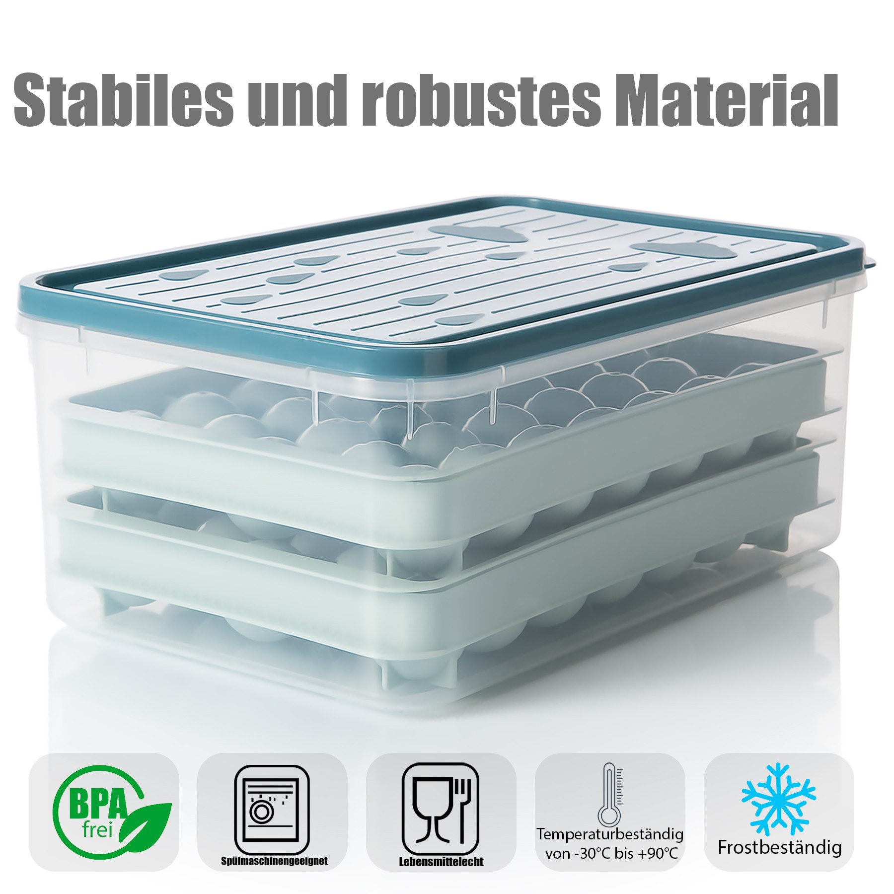 BigDean Eiswürfelform für 66 runde Eiskugeln – Set mit Deckel, Box, Schaufel & Zange, (Set 4-tlg), Maximale Ausbeute, Full-Service-Set, Lebensmittelecht