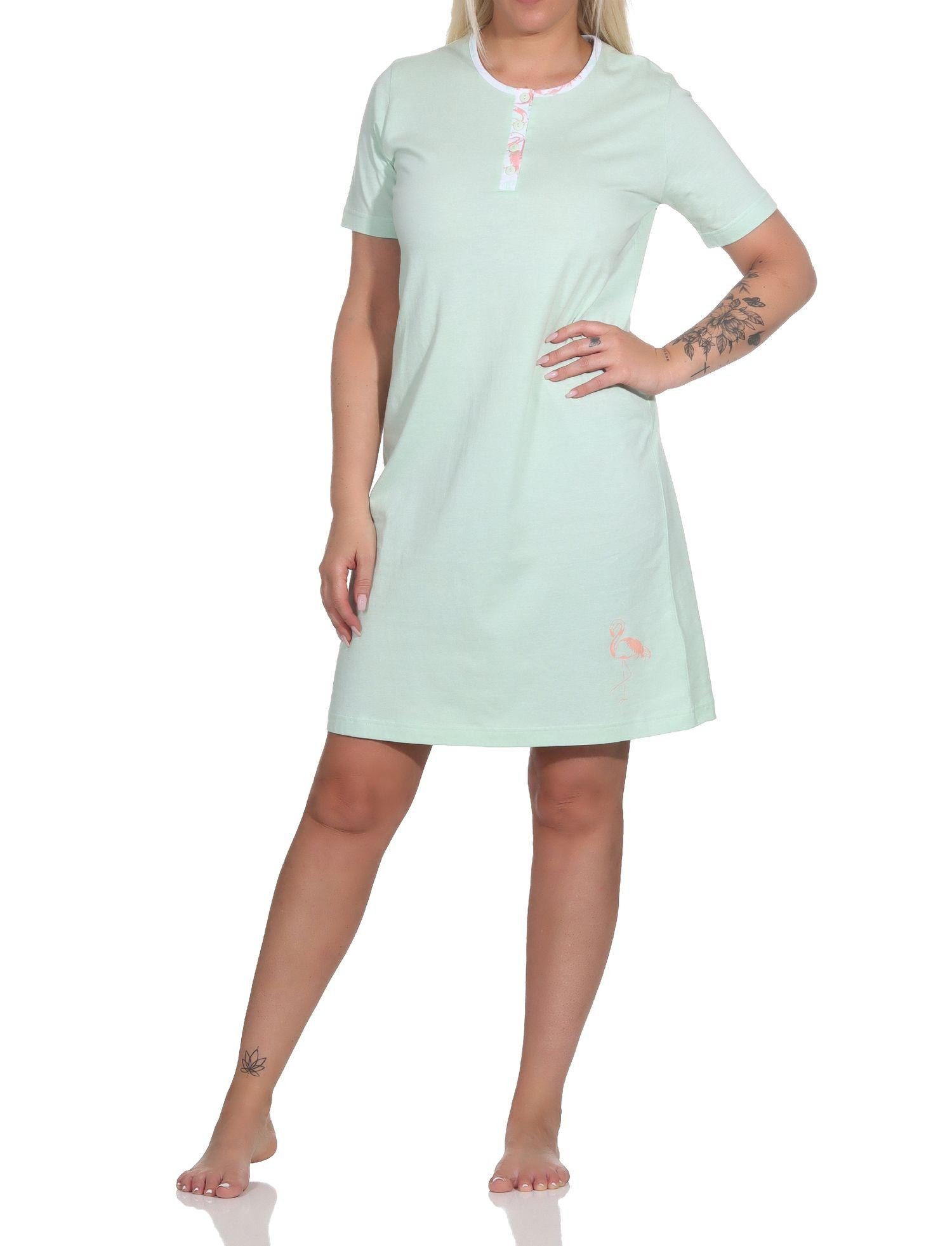 Normann Nachthemd Damen kurzarm Nachthemd mit Flamingo Motiv und Knopfleiste am Hals