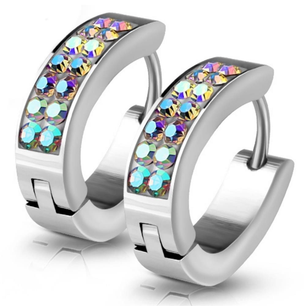 BUNGSA Creolen-Set AB Aurora Borealis - Creolen oval aus Edelstahl Damen (inkl. Schmuckbeutel aus Organza), Ohrschmuck Ohrringe Frauen Geschenk Liebe