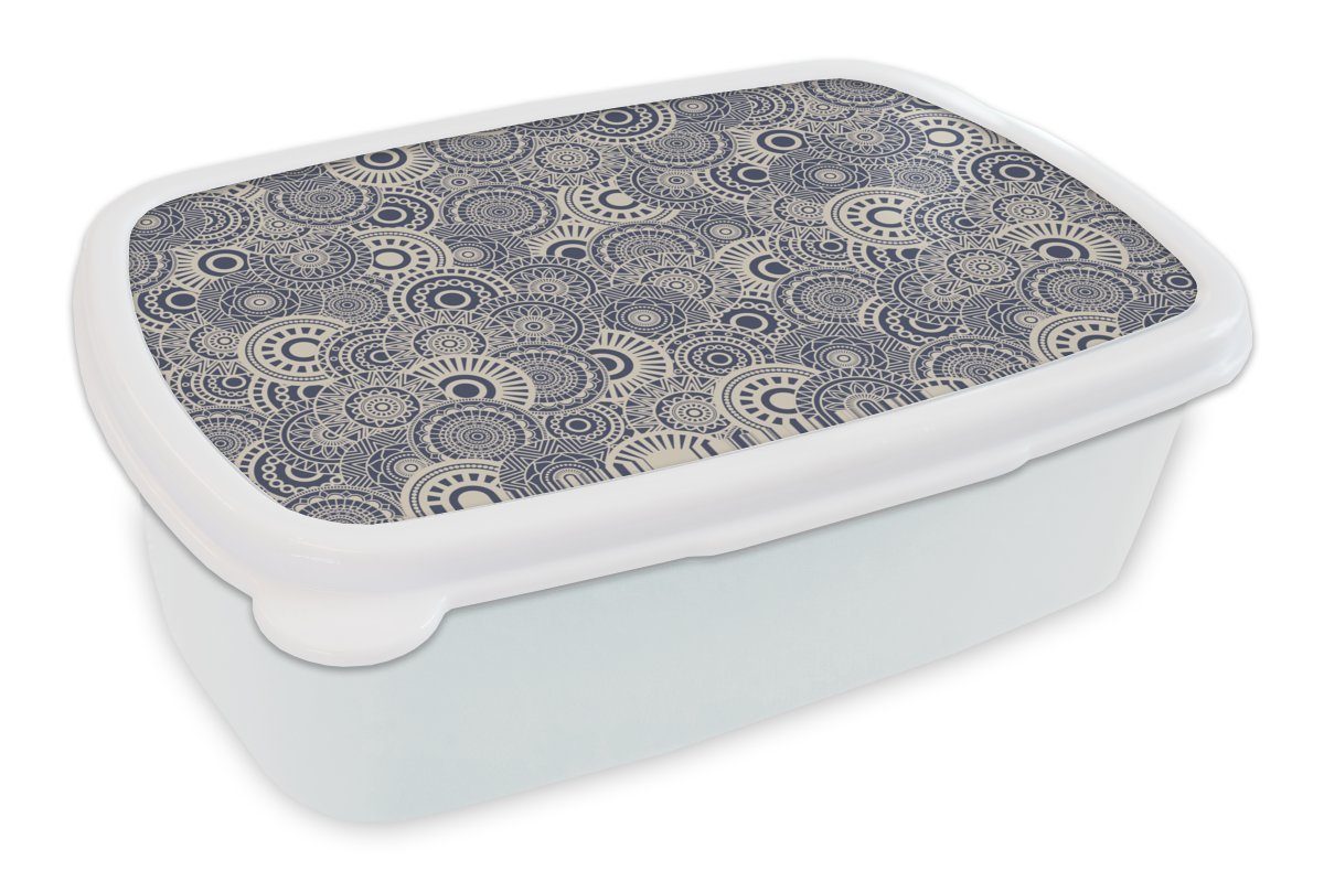 MuchoWow Lunchbox Mandala - Blau - Muster, Kunststoff, (2-tlg), Brotbox für Kinder und Erwachsene, Brotdose, für Jungs und Mädchen weiß