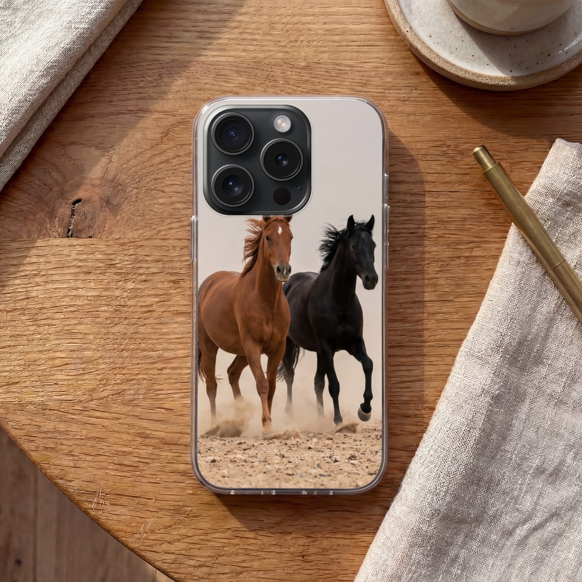 MuchoWow Handyhülle für Apple iPhone 15 Pro Pferdeherde - Staubwolke - Braun - Schwarz, Smartphone-Bumper, Print, Handy Schutzhülle Dünn