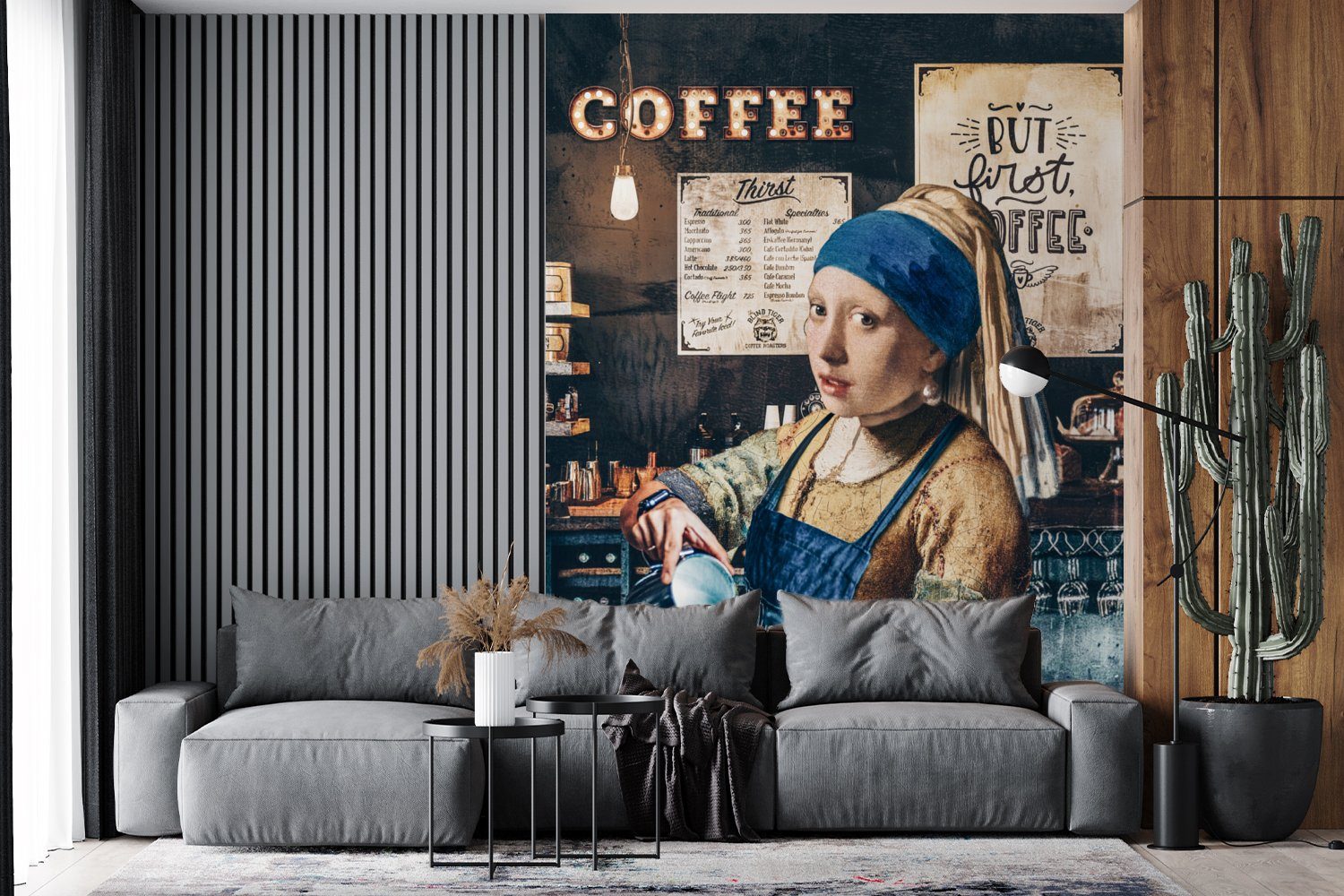 Barista St), MuchoWow (4 für Wohnzimmer, Tapete - bedruckt, Matt, Vinyl -, machen Kaffee Montagefertig Wandtapete Perlenohrring - Cappuccino mit Fototapete Mädchen -