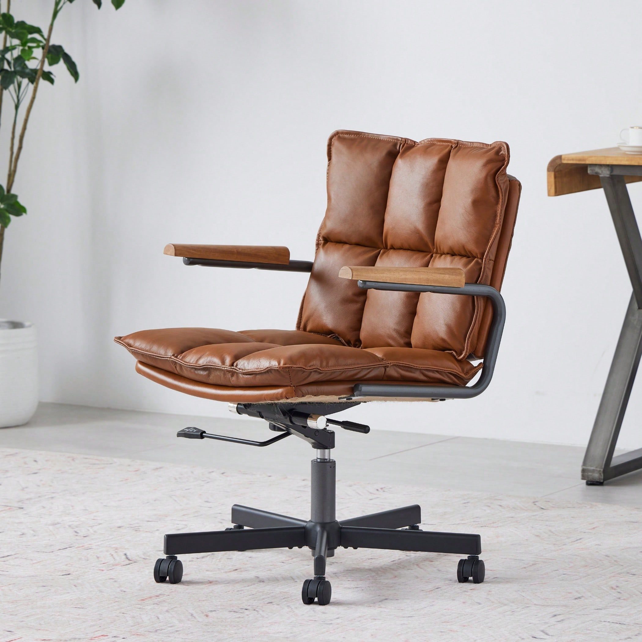 SeedWave Bürostuhl Höhenverstellbarer Drehstuhl mit Eichenholz-Armlehnen, 136kg belastbar, Industrial Design, Kunstleder Schreibtischstuhl mit Wippfunktion