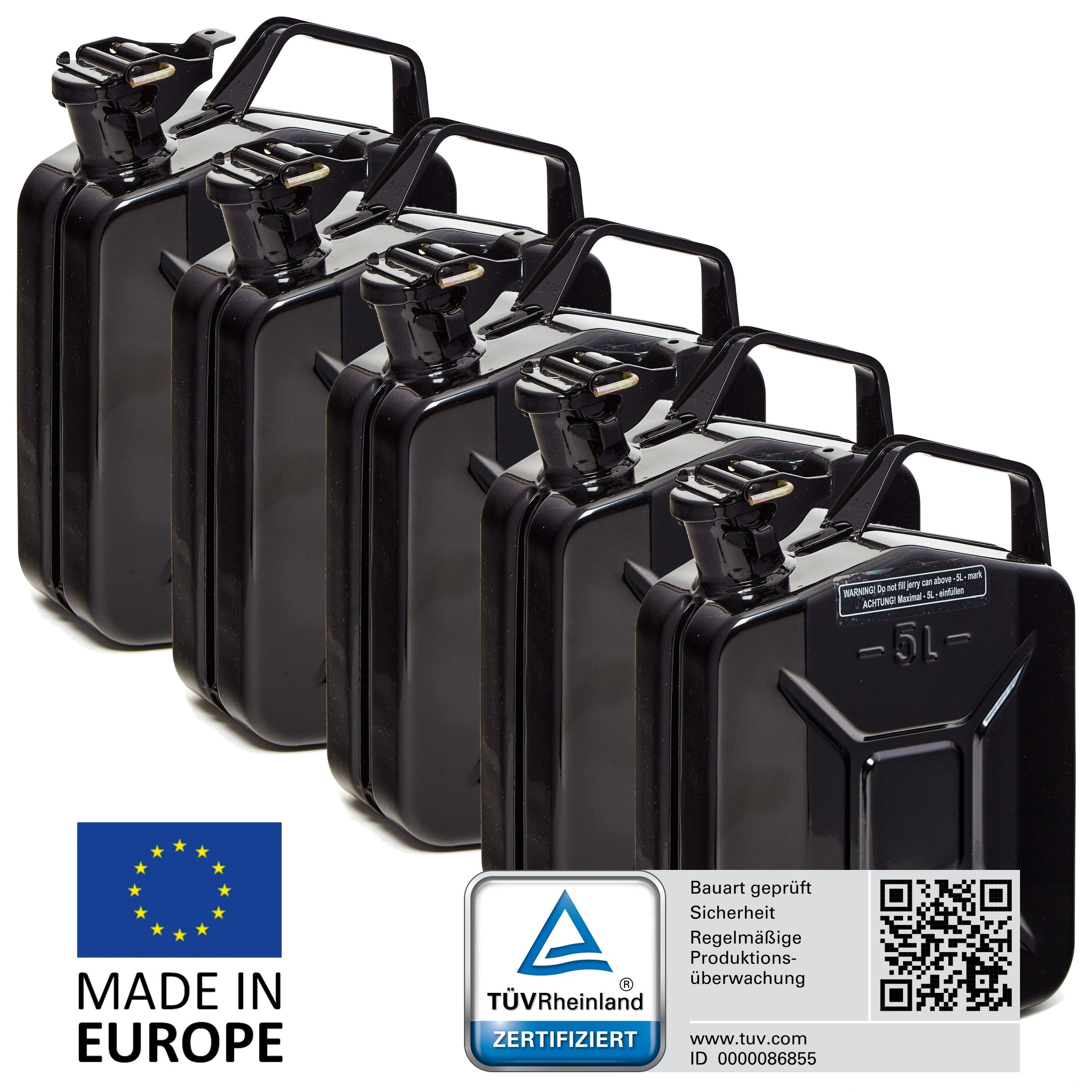 BW Benzinkanister Metall Kraftstoffkanister 5x 5 Liter - Schwarz - RAL 9005 (nach NATO Standard, Made in Europe), TÜV-geprüft und UN-Zulassung