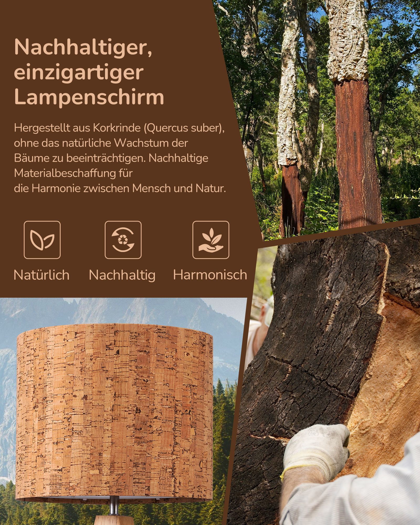 EDISHINE Nachttischlampe Höch 34cm Holz, Holzdeko, LED wechselbar, warmweiß, Lampe mit Ein-/Ausschalter, E27 Fassung mit 2700K LED-Glühbirne – Bild 4 von 5