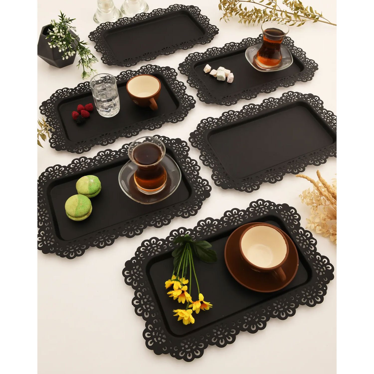 Jungengel Tablett 6x Set Serviertablett Servierplatte Schwarz Matt Teetablett, Metall, (6-tlg), Spitzenverzierter Serviertablett-Satz, Metall, Vintage Design