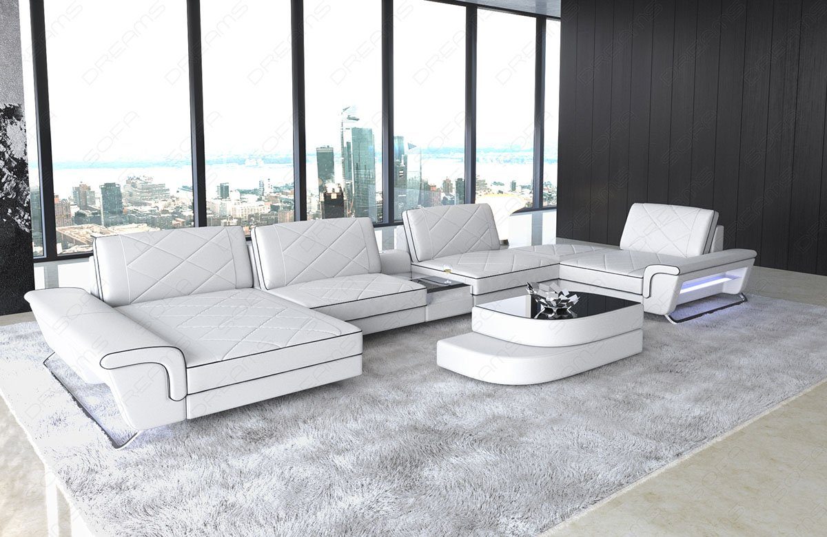Couch, mit LED, Form Sofa Bari Dreams Designersofa Wohnlandschaft Ledersofa, Sofa Leder U verstellbare Rückenlehnen,