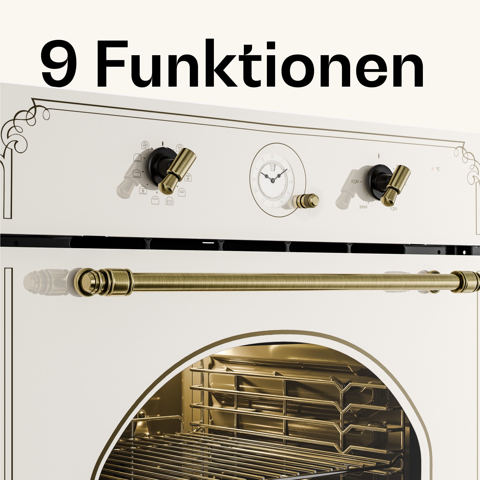 Klarstein Backofen Victoria Einbaubackofen Retro 70L 9 Funktionen 50-250°C A+ elfenbein Victoria, Backofen 70L mit Umluft Grill Auftauen & Drehregler 50-250°C