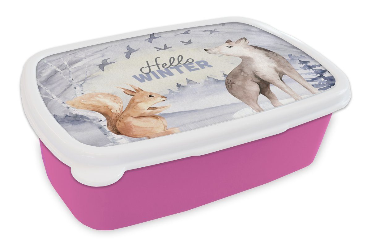 MuchoWow - Kunststoff Brotdose für Schnee Mädchen, Brotbox rosa Kunststoff, Winter Lunchbox Erwachsene, Snackbox, Kinder, - Tiere, (2-tlg),