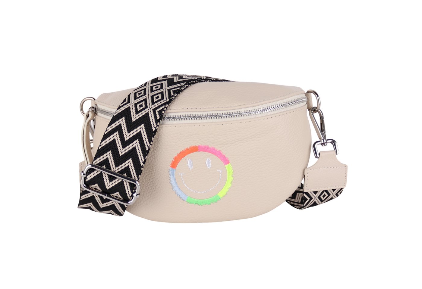 MIRROSI Bauchtasche Damen, Echtleder, Leder, Made in Italy, Umhängetasche, Brusttasche, (Schultertasche für jeden Anlass (1 Tasche & 2 Gurte), 25x16x7cm, Tasche mit Stickerei Lachen Symbol), Crossbody Bag, gemusterten& verstellbaren Schulterriemen