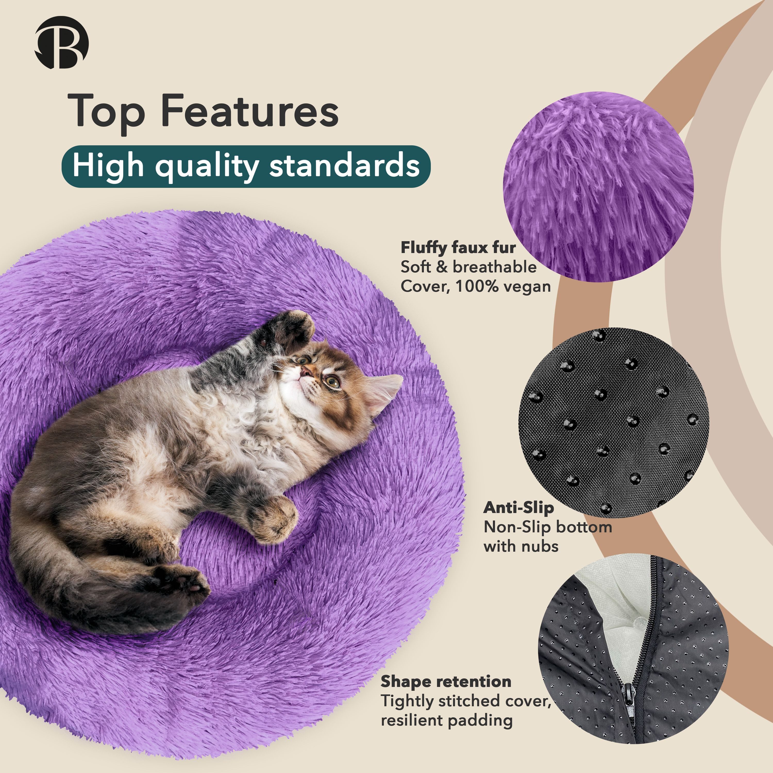 Bluzelle Tierbett Premium Hundebett Hundekissen Donut / Katzenbett Katzenkissen / M, Flauschig Kuschelig Weiches Kunstfell, für Mittlere Hunde / Hundekorb / Rund Waschbar Plüsch Kissen Tier Bett