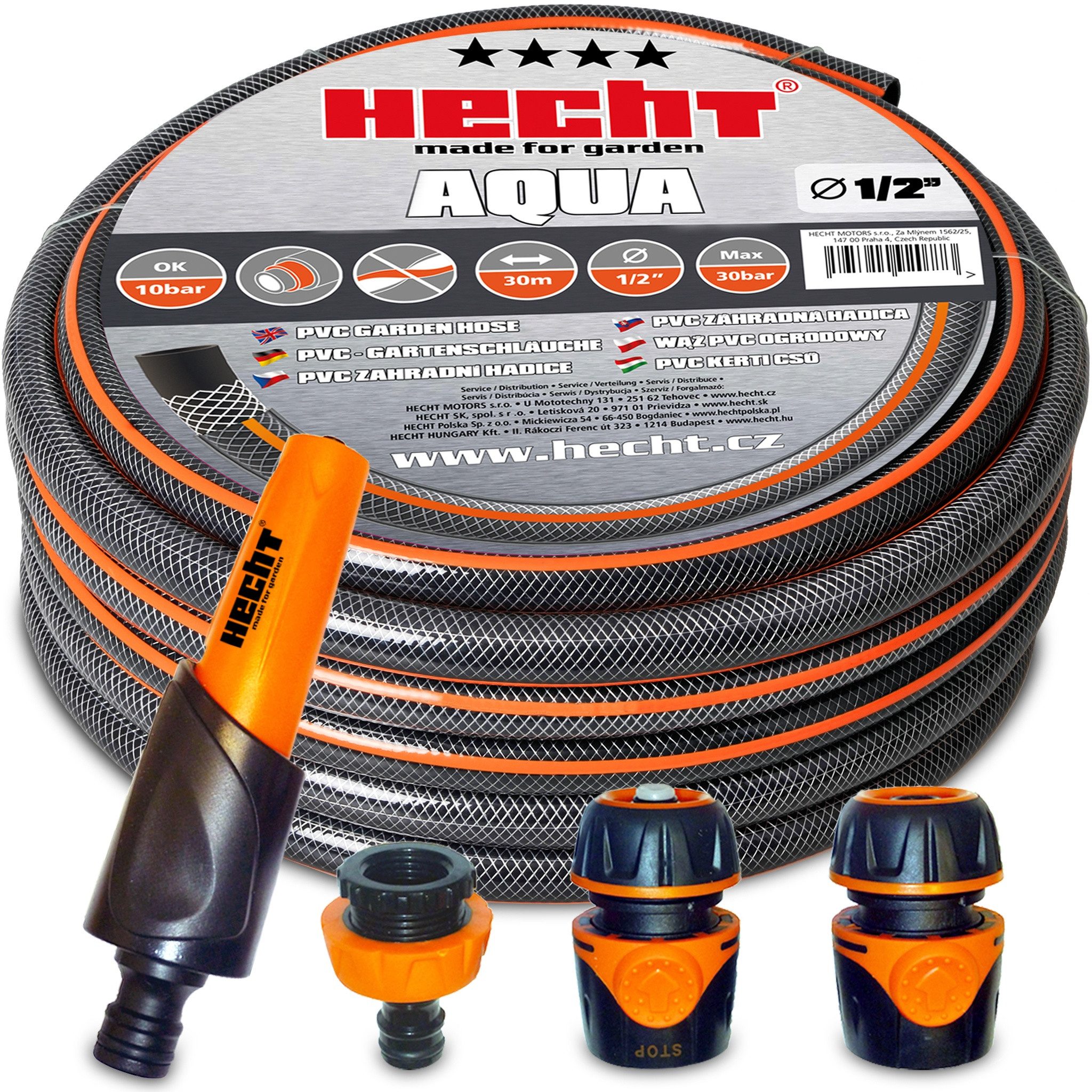 Hecht Gartenschlauch 13 mm (1/2) Schlauch, 30 Meter, UV-Beständig, 30 bar, (2 St), mit Gartenbruase, Adapter Set, Schlauchset mit Anschlüssen