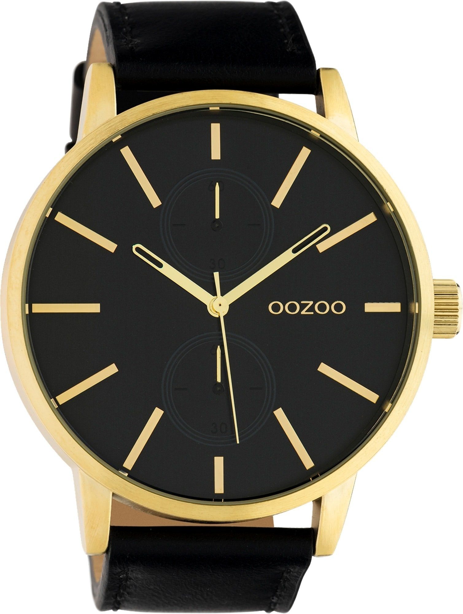 OOZOO Quarzuhr Oozoo Unisex Armbanduhr schwarz Analog, Damen, Herrenuhr rund, extra groß (ca 50mm) Lederarmband, FashionStyle