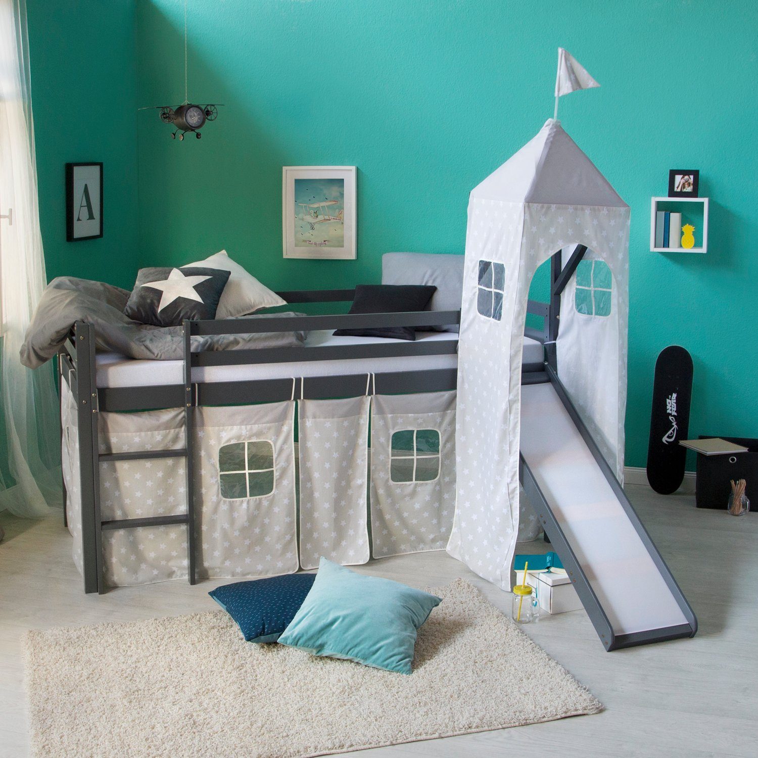 Homestyle4u Hochbett 90x200 mit Vorhang Lattenrost Rutsche Tunnel Turm in W günstig online kaufen