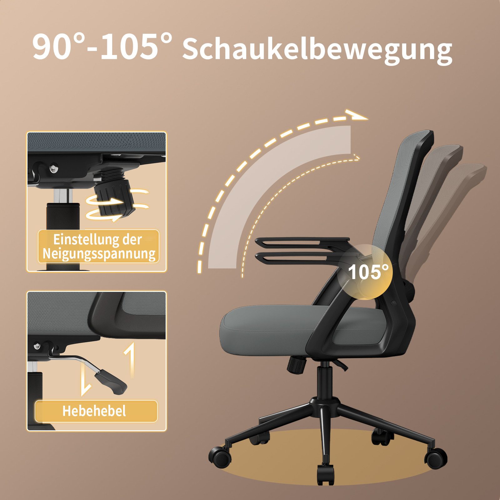 ZAISZE Bürostuhl Ergonomischer Bürostuhl mit Mesh-Rückenlehne und Lendenstütze (Verstellbarer Armlehnen, Atmungsaktiv, Höhenverstellbarer Schreibtischstuhl mit  – Bild 4 von 5