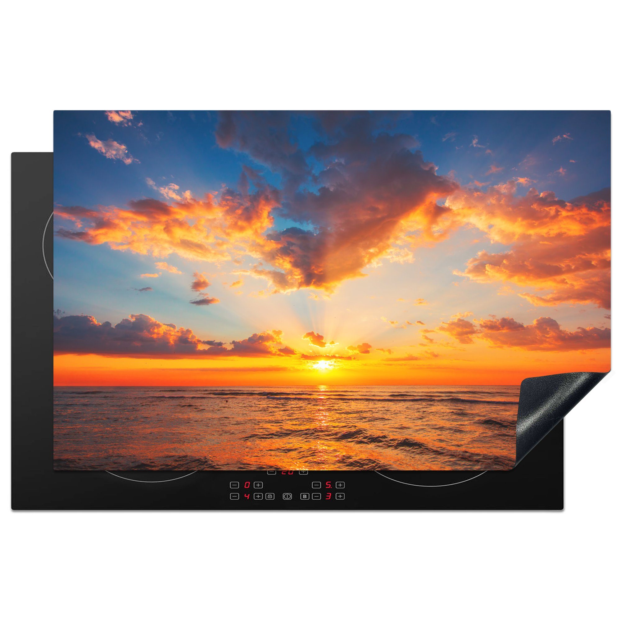 MuchoWow Herdblende-/Abdeckplatte Sonnenuntergang - Meer - Gold, Vinyl, (1 tlg), 81x52 cm, Induktionskochfeld Schutz für die küche, Ceranfeldabdeckung