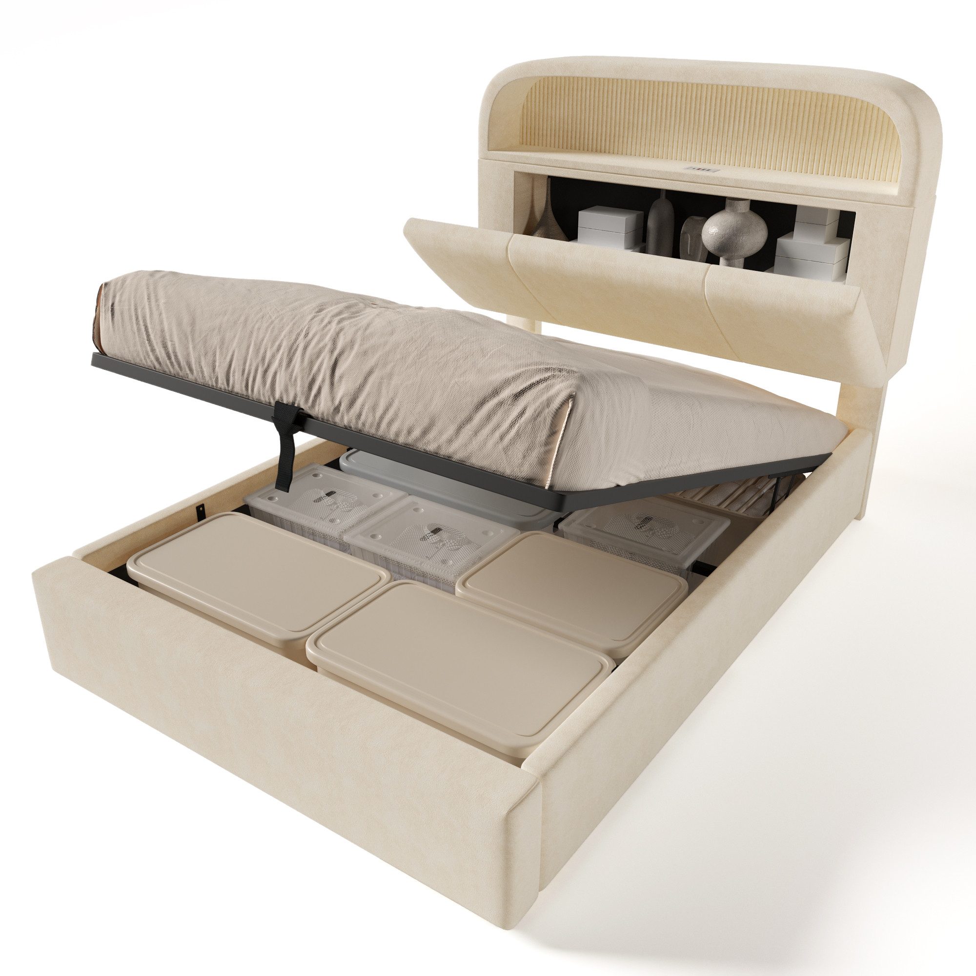 Ulife Stauraumbett mit höhenverstellbarem Stauraum-Kopfteil, (1-tlg), mit LED-Beleuchtung & USB/Type-C Ladestation, 90x200 cm