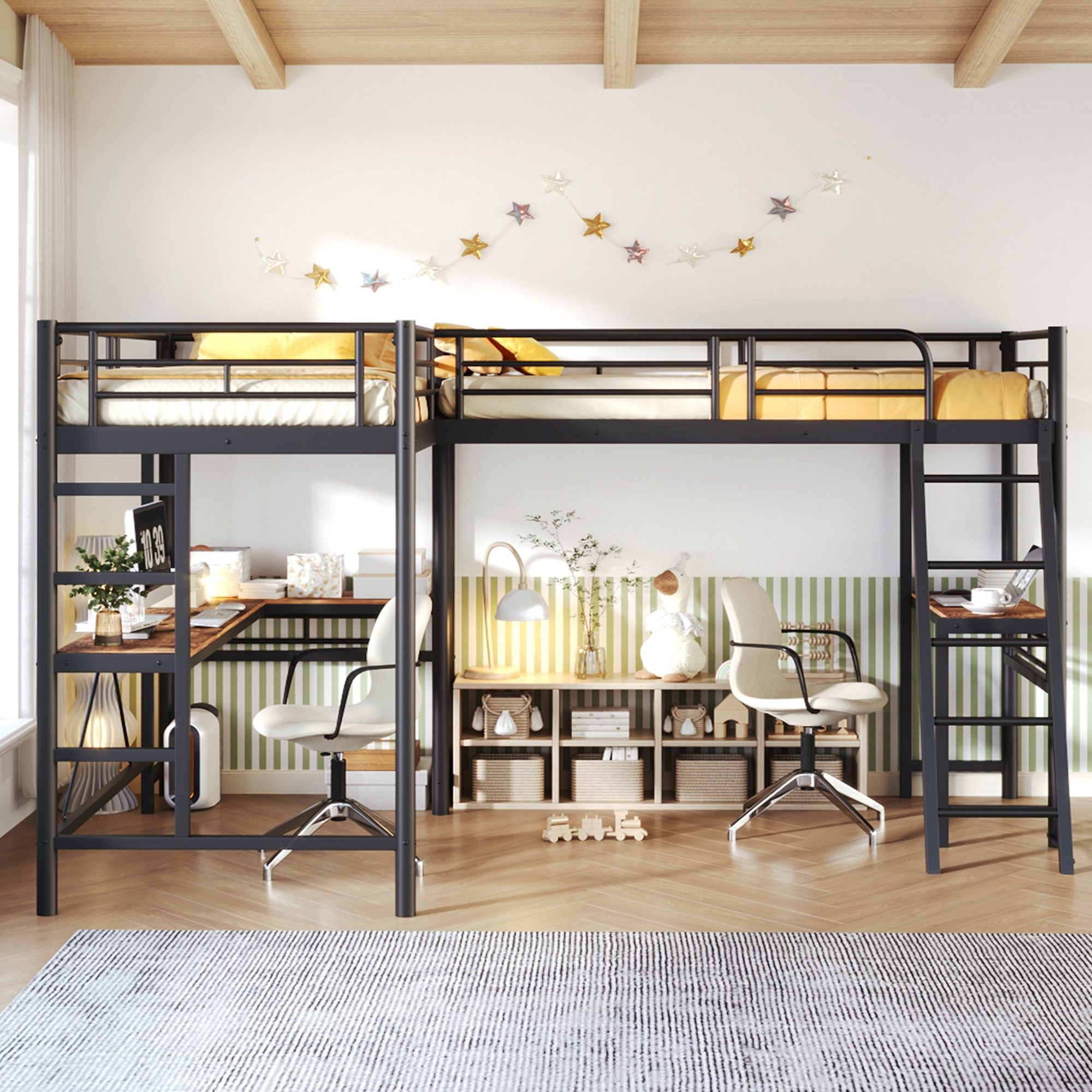 Flieks Hochbett Kinderbett Metallbett 90x200cm mit 2 Liegefläche und Schreibtisch – Bild 4 von 5