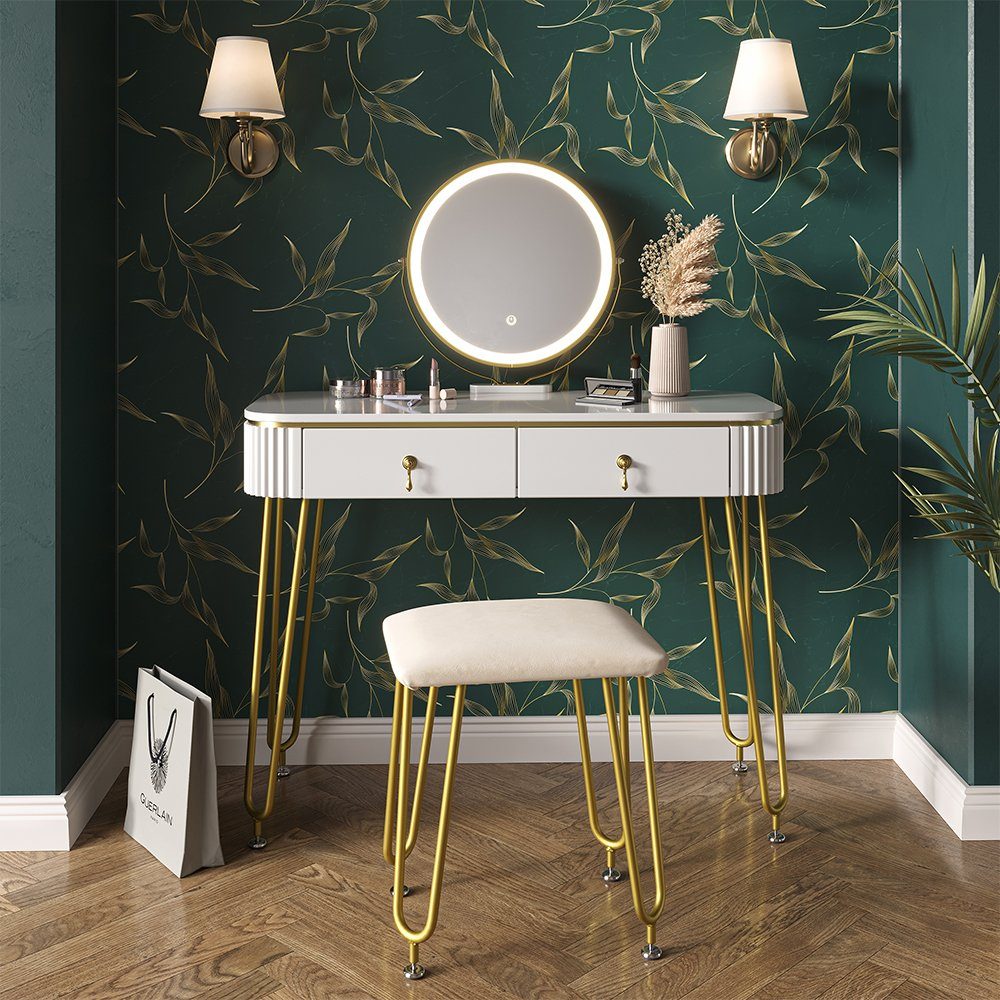 Vicco Schminktisch Grace, Weiß Hochglanz, 100 cm mit LED Beleuchtung und Ho günstig online kaufen