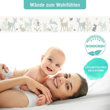 lovely label Bordüre Häschen & Rehe mint/grau/beige - Wanddeko Kinderzimmer, selbstklebend