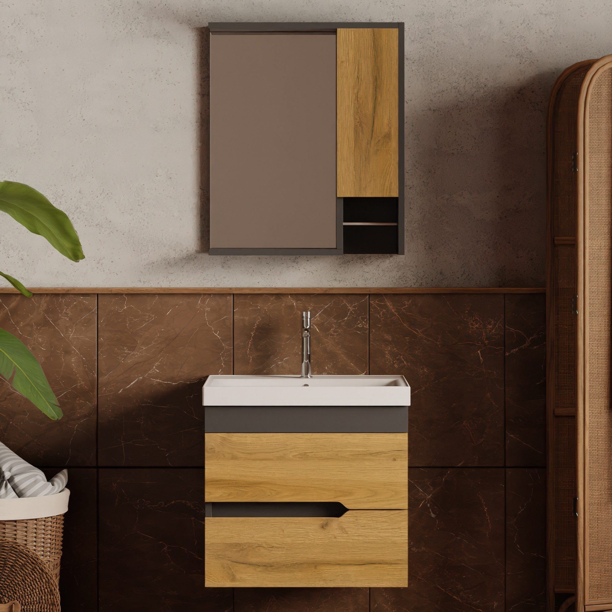 Karen Badmöbel-Set Badmöbel Set Marmara, (3-St., Unterschrank mit Schubladen, Spiegel mit Regalen, Keramikwaschbecken), Innovatives Design, MDF Lam, Softclose, Funktionalität