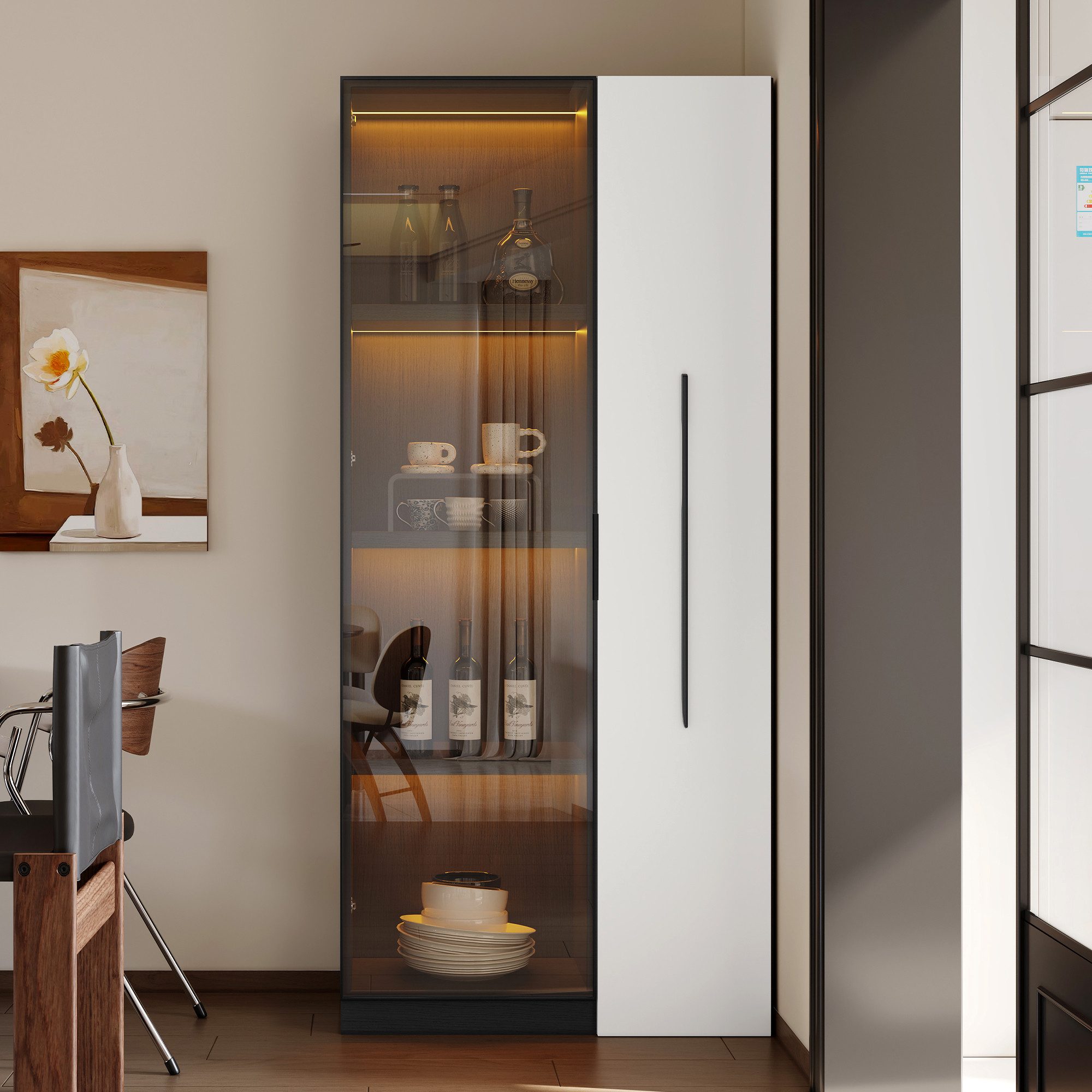 Merax Glasvitrine Vitrine, Auszugsschrank, (1-St., Vitrinenschrank mit LED, Zwei Türen, 70x40x160cm) Bücherregal, Hochschrank mit Regal