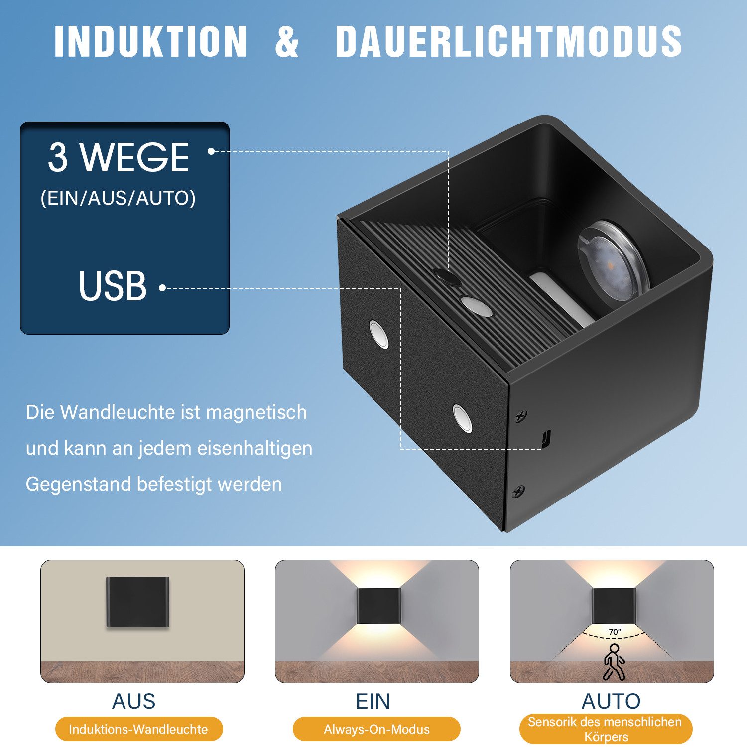 WILGOON LED Wandleuchte Akku Wandleuchte mit Bewegungsmelder Kabellose Wandlampe mit Schalter, LED fest integriert, Warmweiß, Innen Wandlampe 2200mAh USB Wiederaufladbar für Schlafzimmer Flur